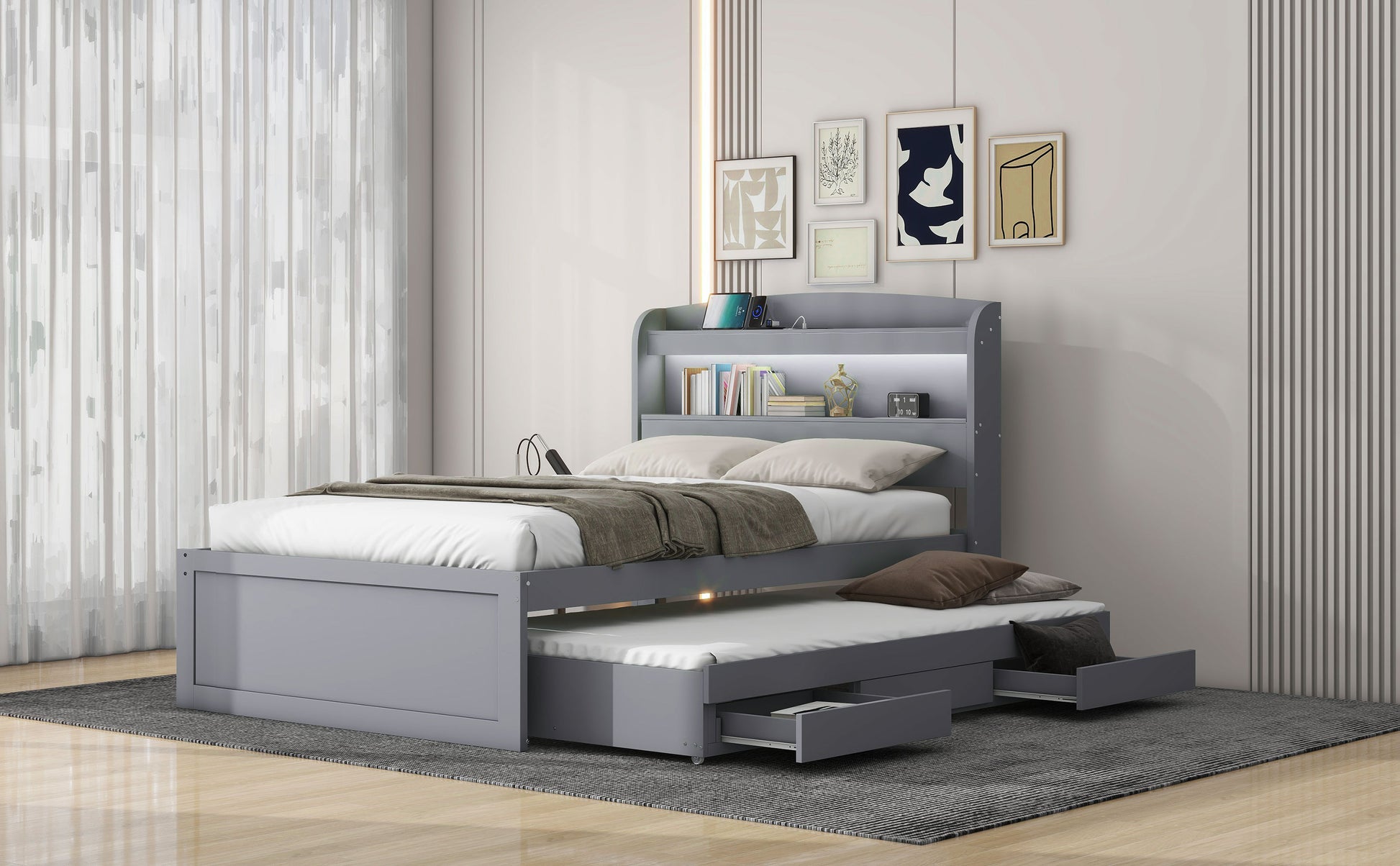 Twin Xl Size Platform Bed With Storage Led Headboard, Charging Station, Twin Size Trundle And 2 Drawers, Gray Box Spring Not Required Twin Xl Gray Wood Bedroom Bed Frame Solid Wood Mdf