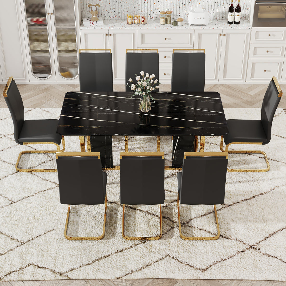 Table And Chair Set. Modern Dining Table With Mdf Top And Beautiful Mdf Legs. Equipped With Comfortable Pu Chairs And Metal Legs. Suitable For A Wide Range Of Decorative Styles. Black Seats 8 Mdf