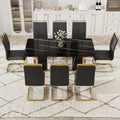 Table And Chair Set. Modern Dining Table With Mdf Top And Beautiful Mdf Legs. Equipped With Comfortable Pu Chairs And Metal Legs. Suitable For A Wide Range Of Decorative Styles. Black Seats 8 Mdf