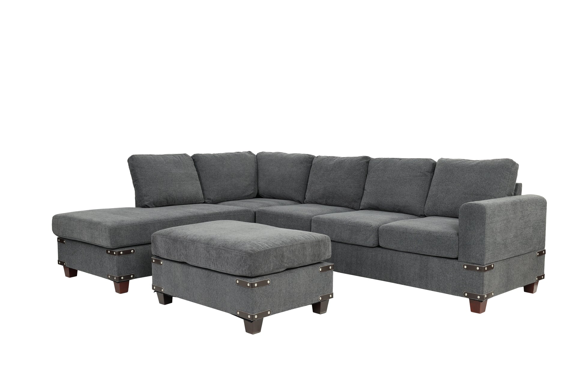Living Room Furniture Charcoal Chenille Sectional W Ottoman Linen Like Fabric Sofa Reversible L R Chaise Ottoman 3Pc Sectional Sofa Charcoal Chenille Wood Primary Living Space Cushion Back