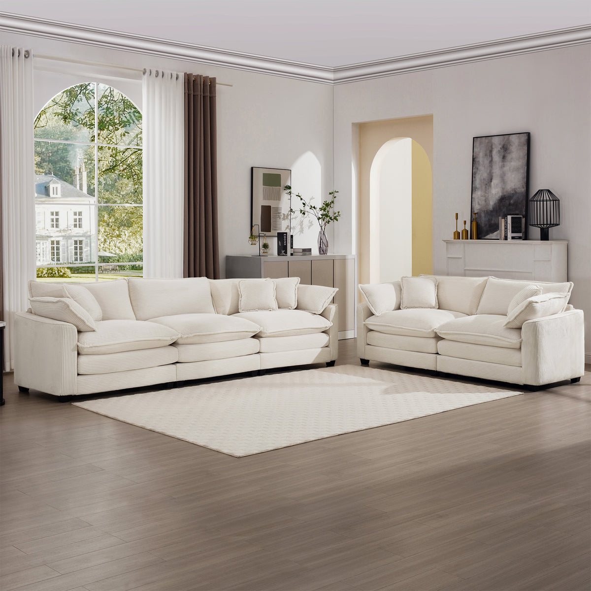Modern Fabric Living Room Set Of 2 Sofas With One 2 Seat Sofa And One 3 Seat Sofa, Upholstery Large Deep Seat 2 Seatr And 3 Seater Sofa Set, Light