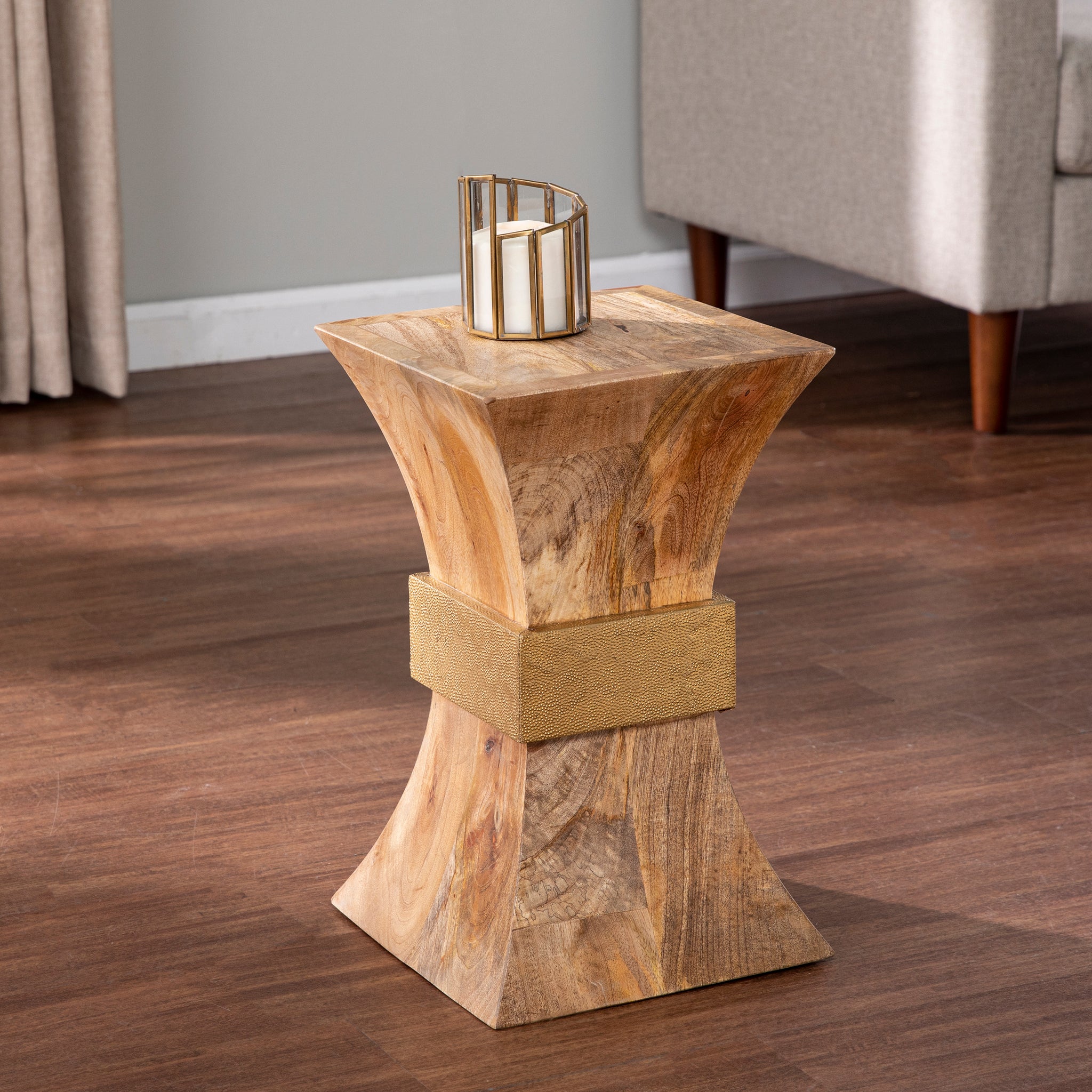 Turvey Square Side Table W Brass Accents Natural Solid Wood