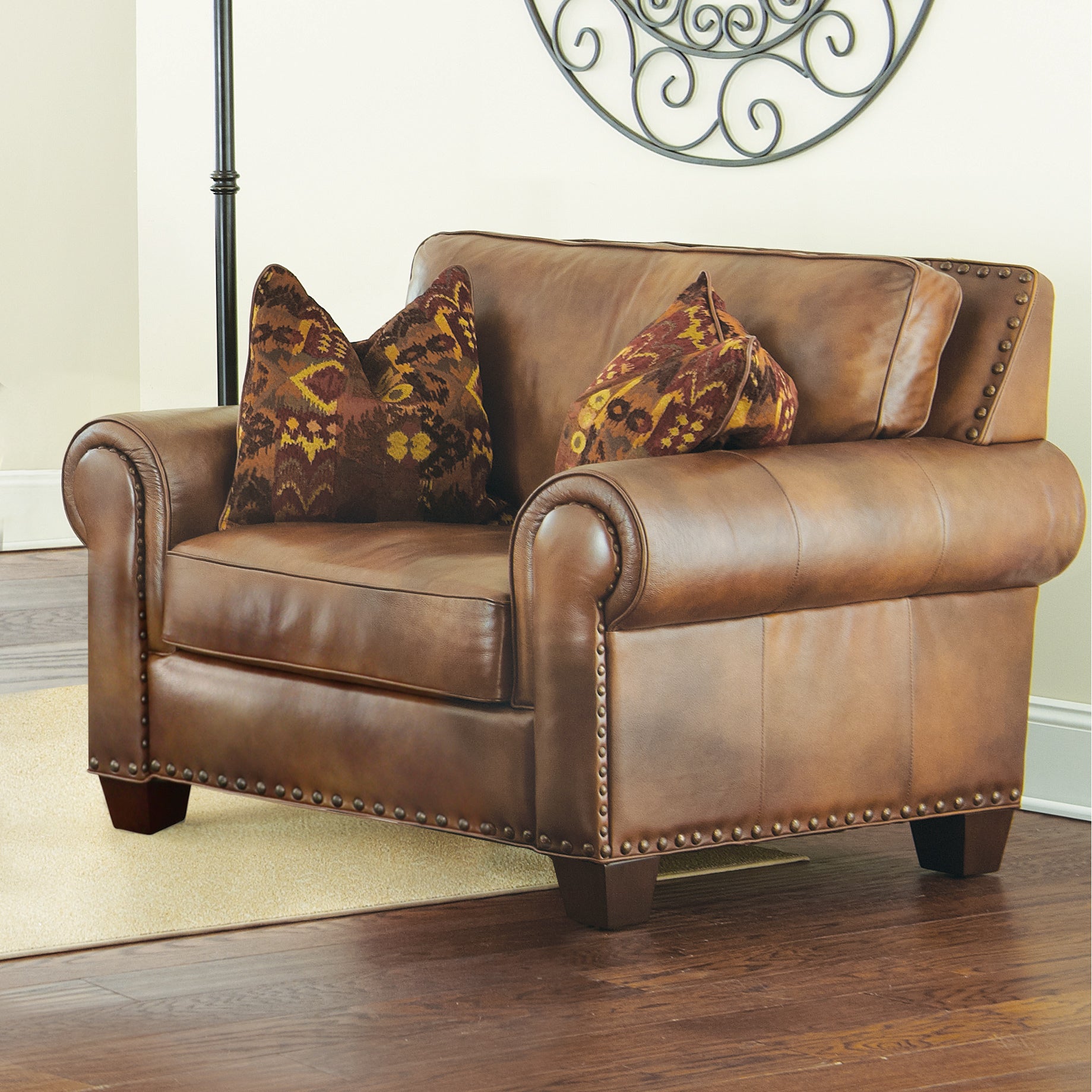 Rustic All Leather Chair Premium Construction, Top Grain Leather Nail Head Trim, Contrasting Pillows Comfort And Style In Casual Living Spaces Camel Foam Leather