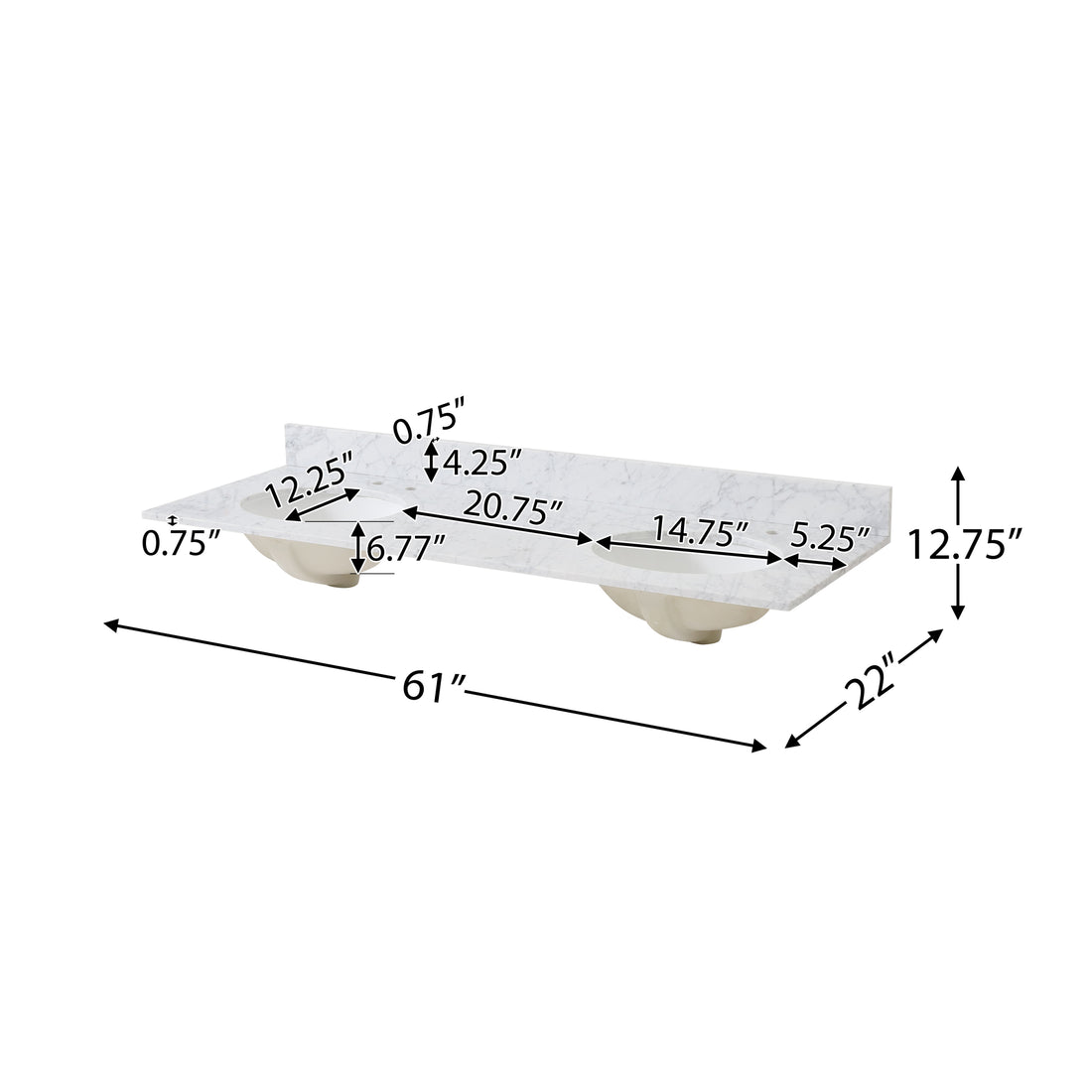 61'' Cararra White Marble Vanity Top&Ceramic Sink White Marble Marble