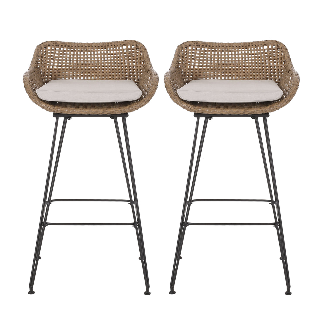 Outdoor 29.25'' Wicker And Iron Barstool With Cushion Set Of 2 Light Brown Garden & Outdoor Pe Rattan Iron Waterproof Fabric