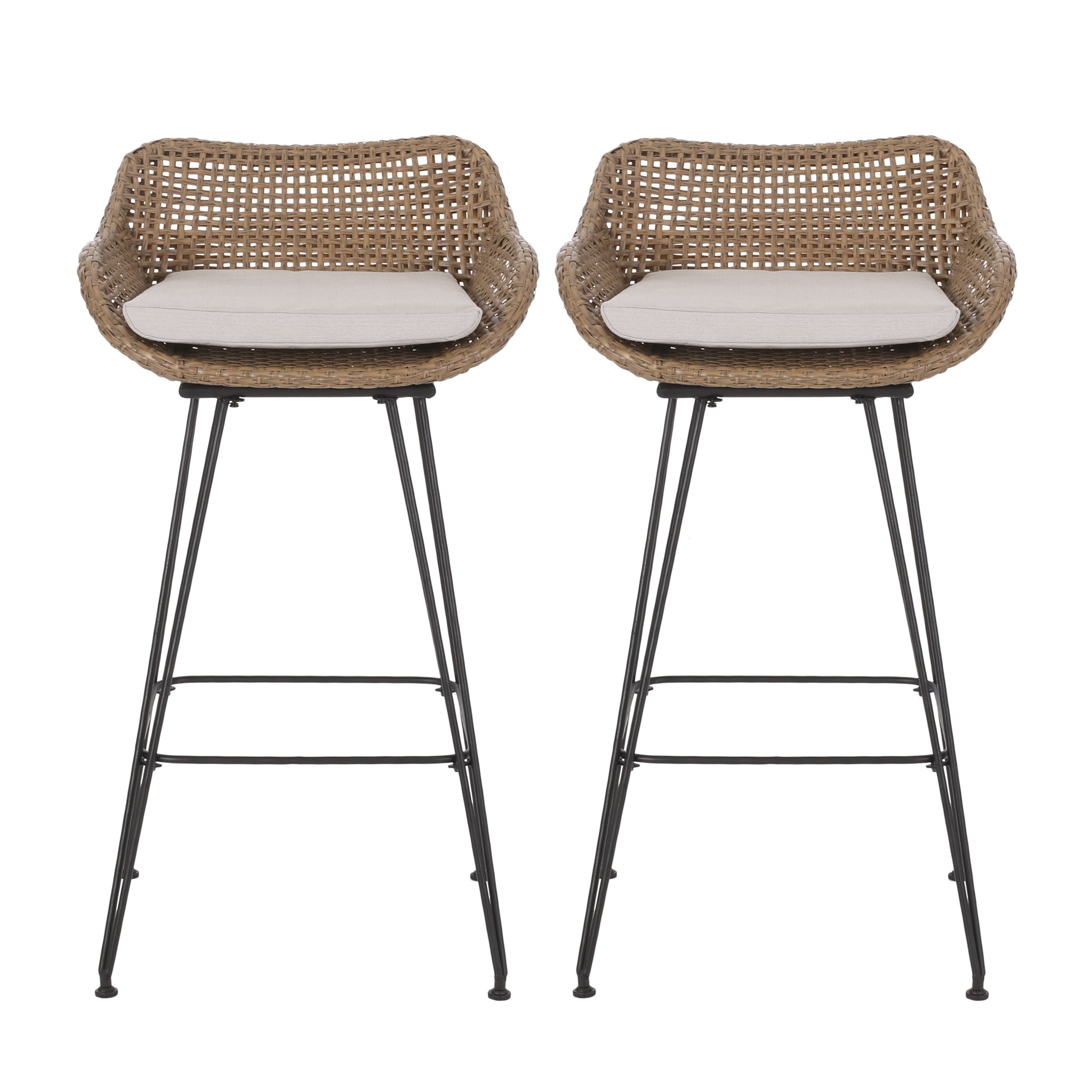 Outdoor 29.25'' Wicker And Iron Barstool With Cushion Set Of 2 Light Brown Garden & Outdoor Pe Rattan Iron Waterproof Fabric