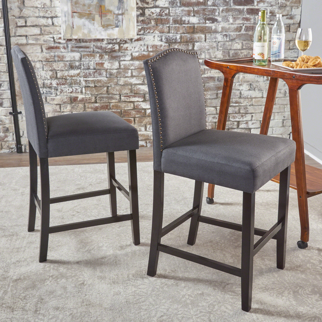 Set Of 2, 27" Upholstered Counter Height Barstools With Trim, Dark Charcoal And Walnut, Fabric Grey Fabric