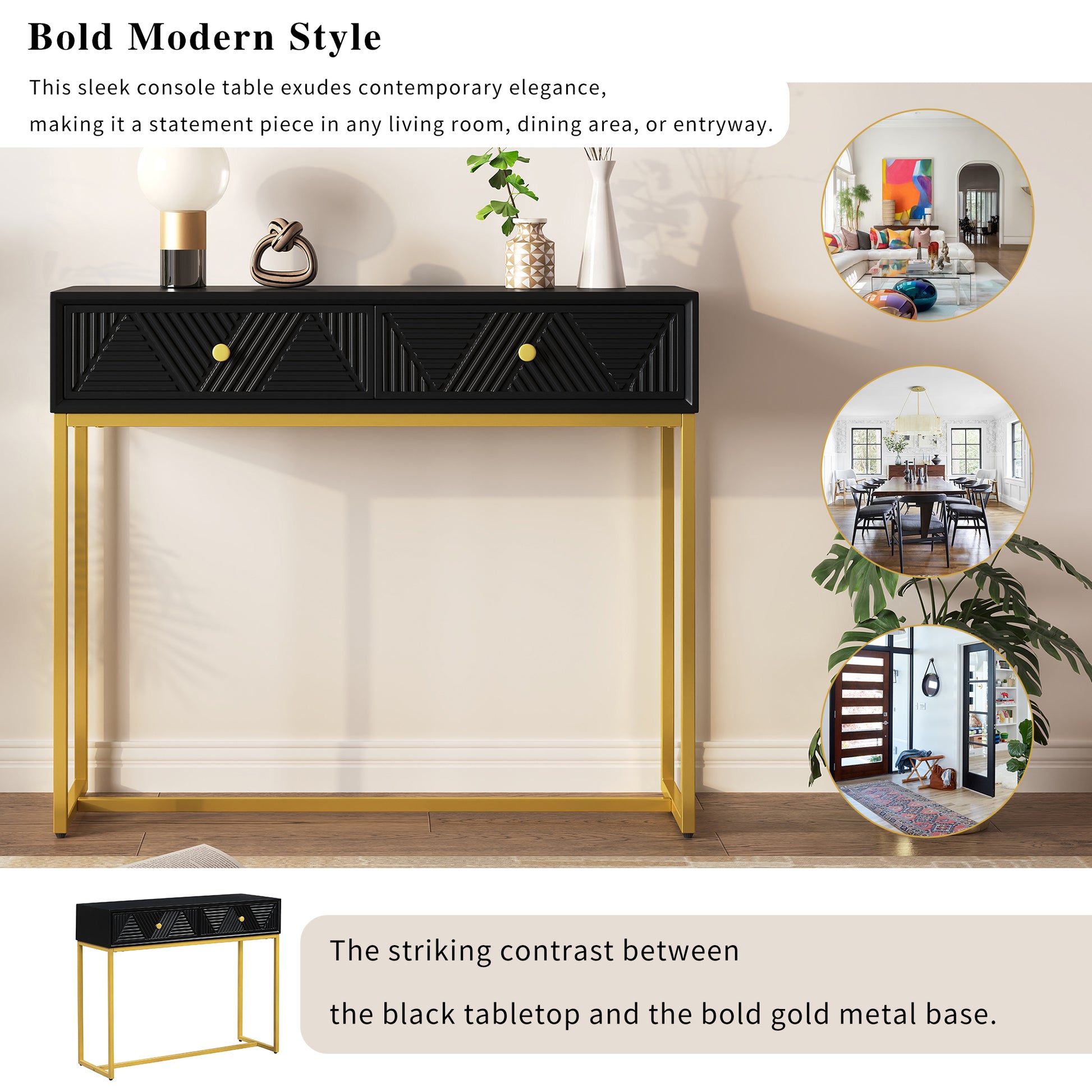 Modern Sleek Console Table Two Drawers With Stripe Design For Living Room And Entryway Black Black Mdf