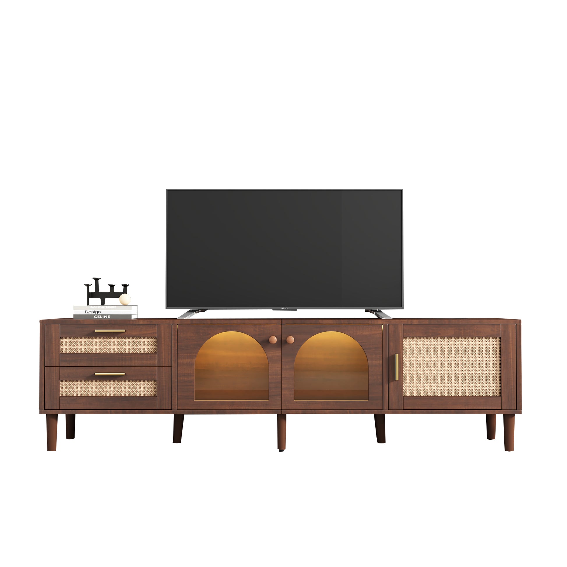 Rattan Tv Stand With 3 Cabinets & 2 Drawers, Rattan Inspired Media Console Table For Tvs Up To 80'', Led Light Entertainment Center, Tv Cabinet For Living Room, Bedroom, Home Theatre Dark Brown