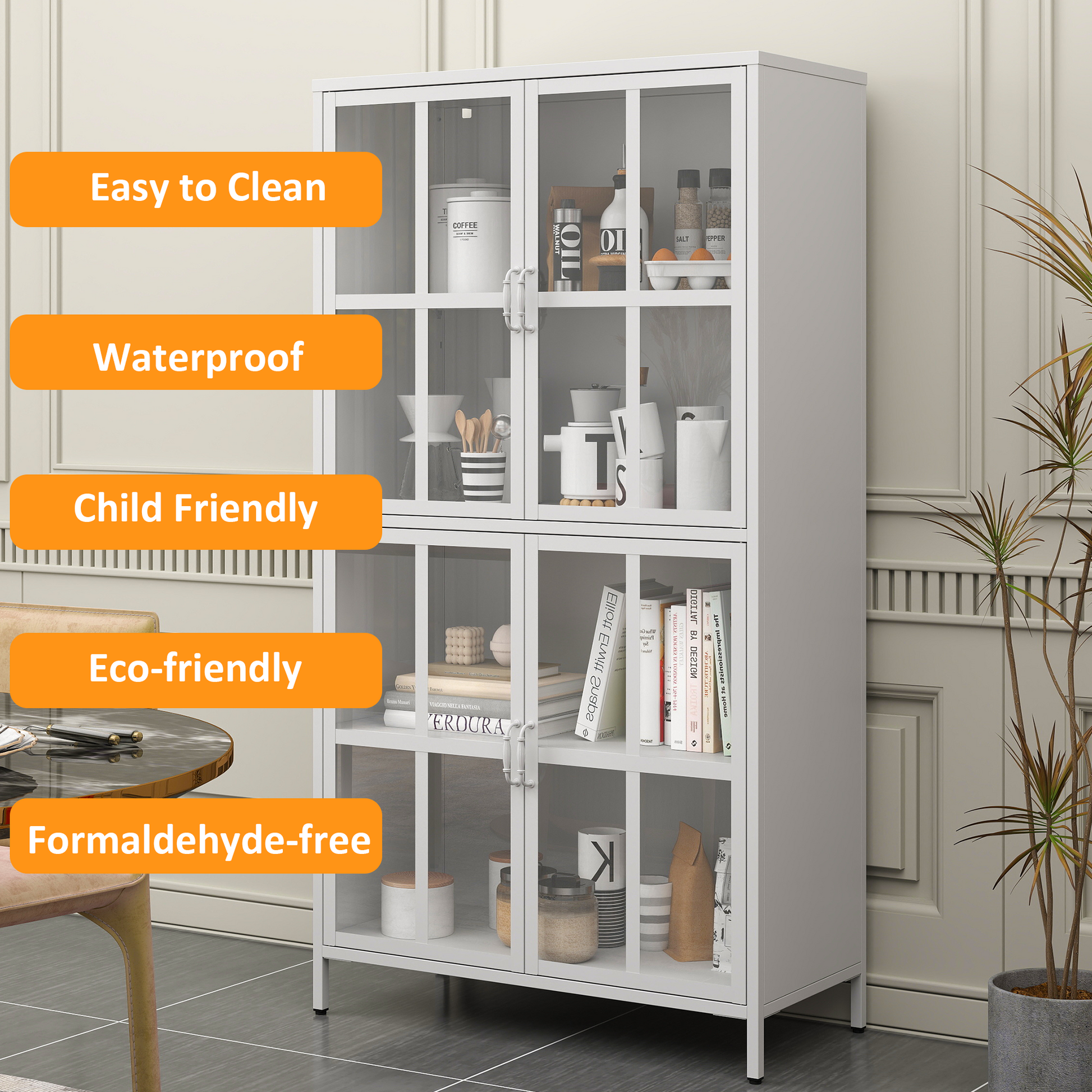 Premium Metal Storage Cabinet With Tempered Glass Doors,Sideboards & Buffets, Adjustable Shelves, Anti Tipping Device, Magnetic Silent Closure, And Adjustable Feet For Home And Office Use White Primary Living Space Modern Metal Metal