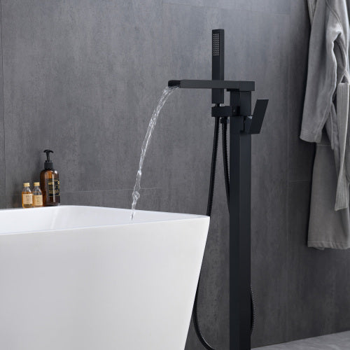 Matte Black Freestanding Tub Filler Floor Mount Faucet With Handheld Shower And Waterfall Spout Matte Black Brass