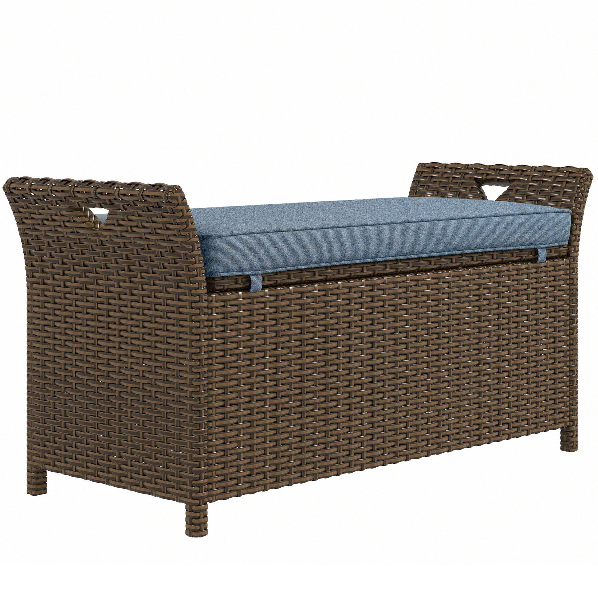 Outsunny 27 Gallon Patio Wicker Storage Bench, Outdoor Pe Rattan Patio Furniture, 2 In 1 Large Capacity Rectangle Garden Storage Box With Handles And Cushion, Dark Blue Blue Steel