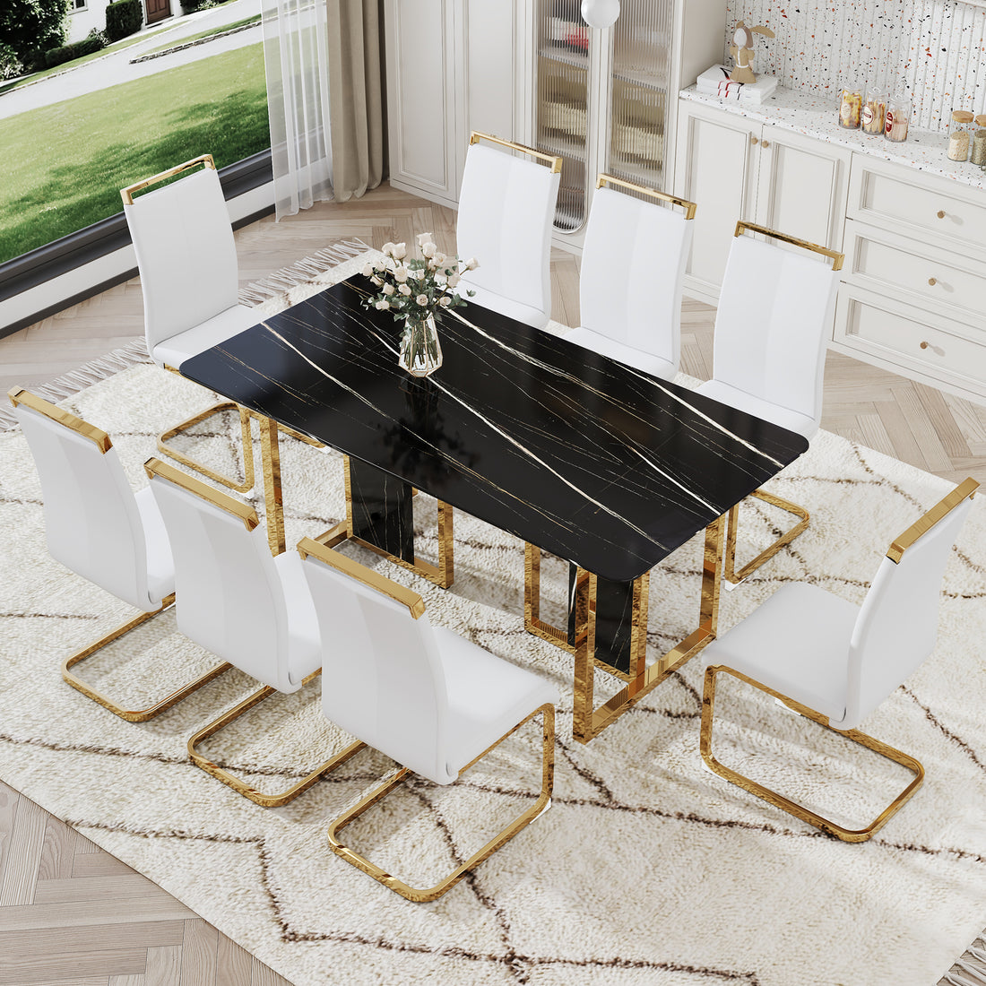 Table And Chair Set. Modern Dining Table With Mdf Top And Beautiful Mdf Legs. Equipped With Comfortable Pu Chairs And Metal Legs. Suitable For A Wide Range Of Decorative Styles. Black,White Seats 8 Mdf