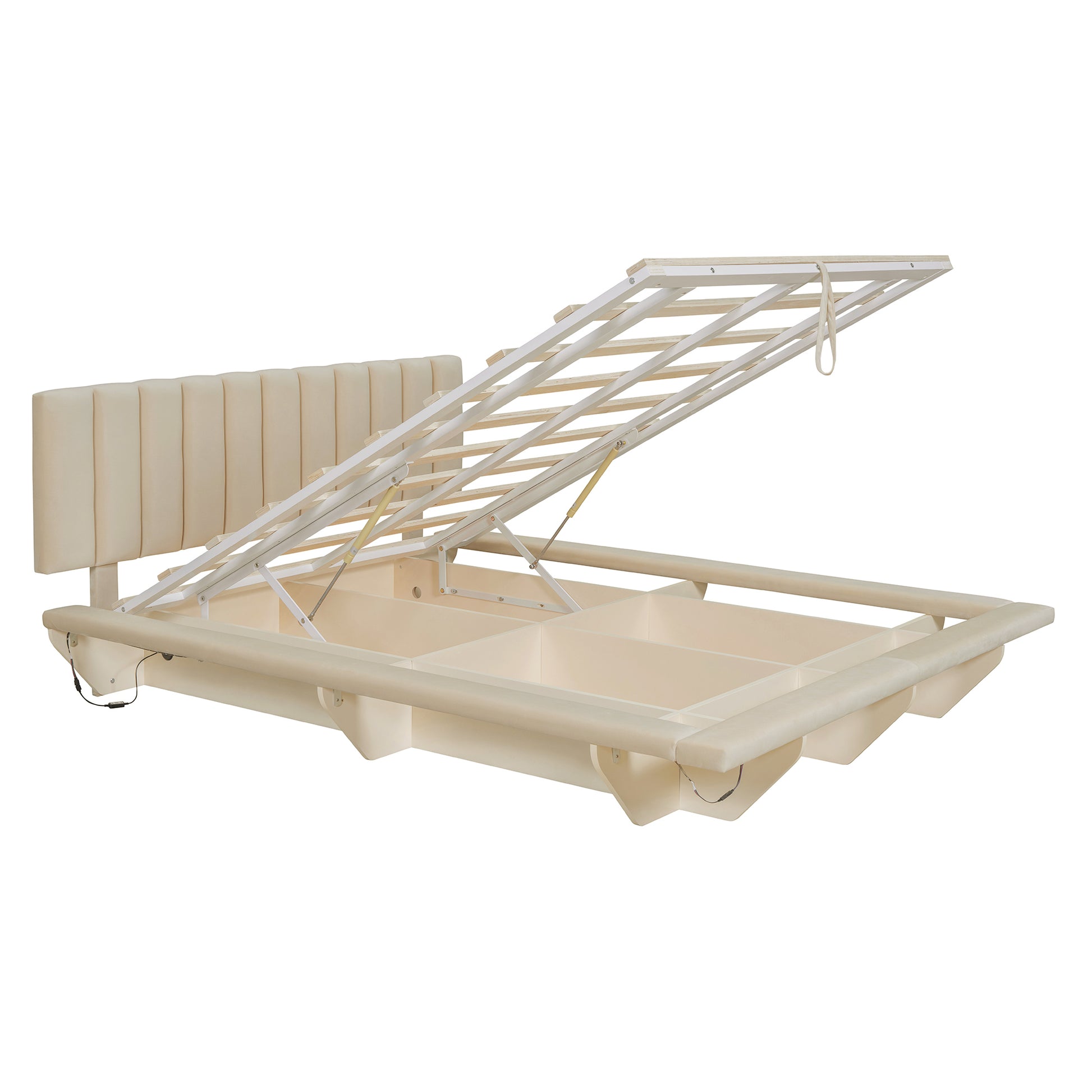 Queen Size Upholstered Floating Bed With Led Light And Usb Port, Velvet, Beige, Hydrualic Platform Bed Queen Beige Velvet