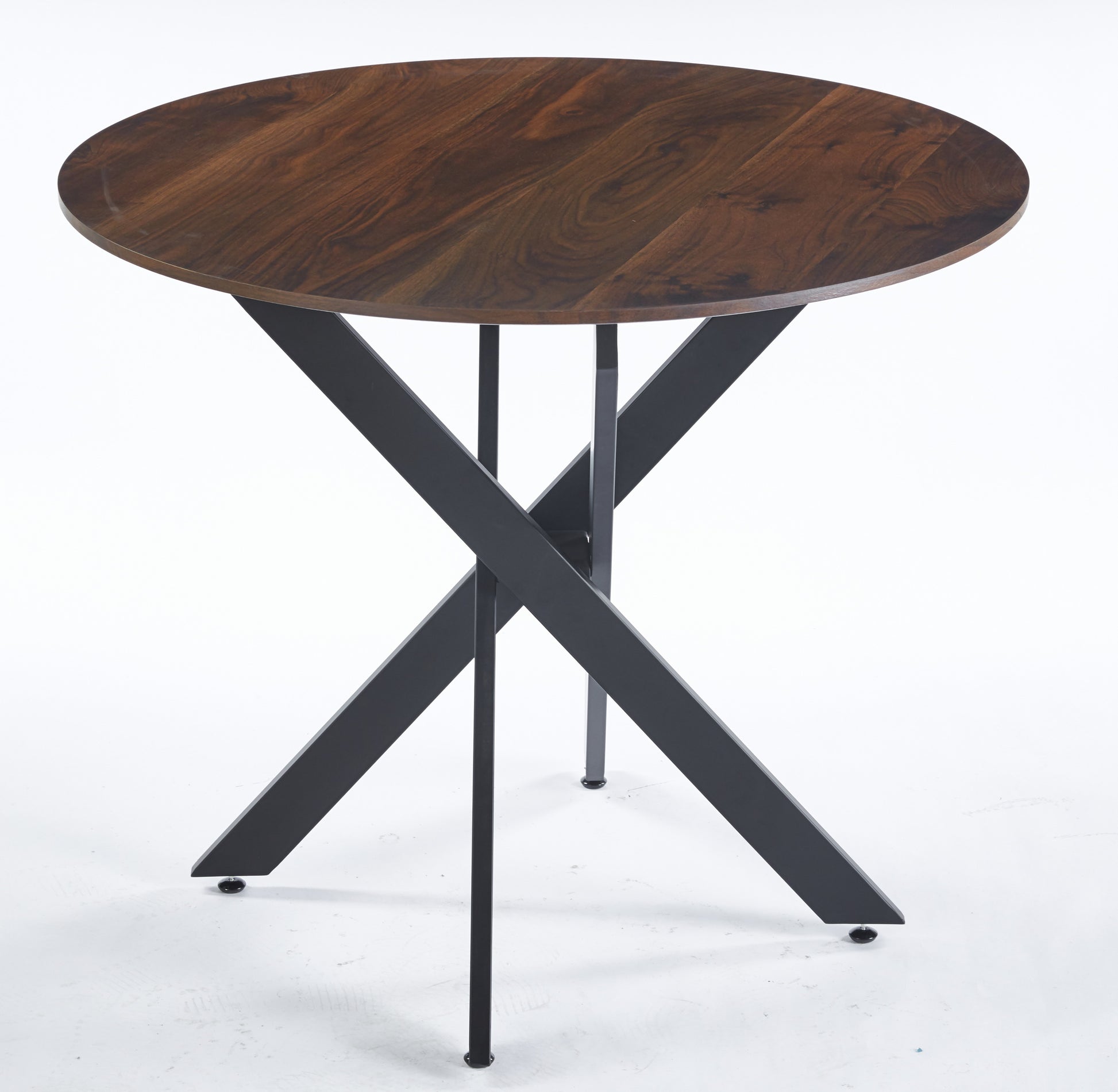 Dining Table With Cross Metal Leg And Mdf Top,Modern Space Saving Kitchen Table For Living Room,Black Legs,Round Table,Oak Color Top,90X90X75Cm Black Dark Walnut Mdf Metal