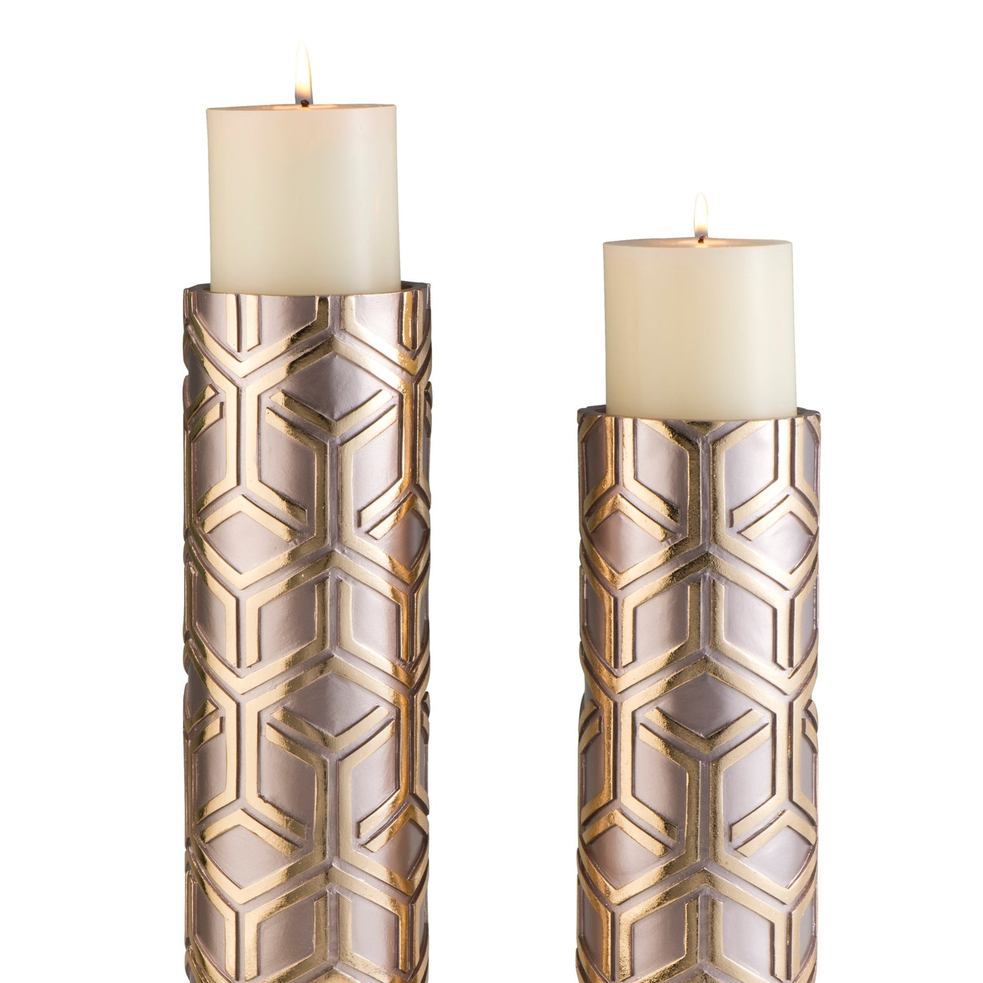 14" And 16" Tall Polyresin Candleholder, Golden Finish Set Of 2 Gold Polyresin