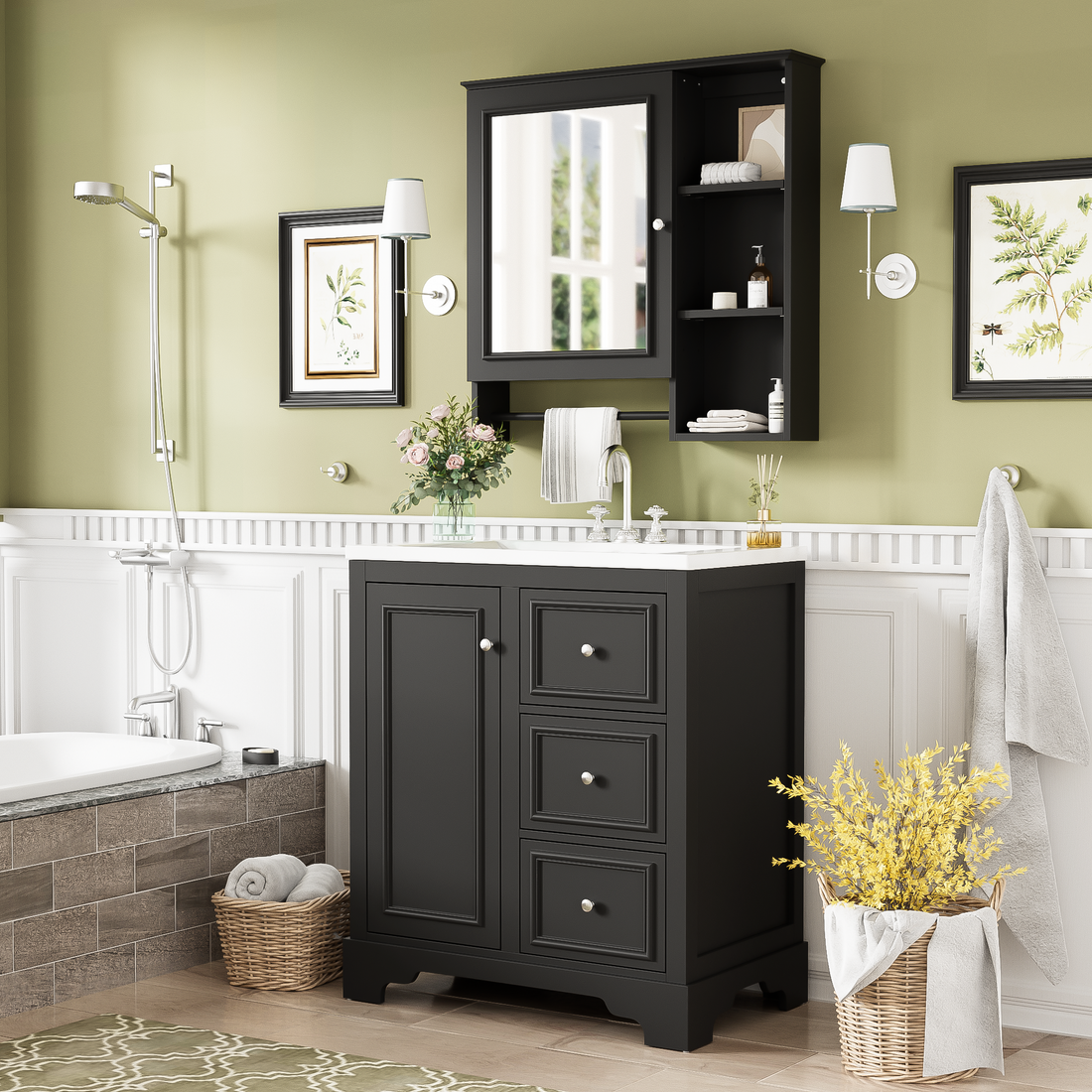 30 Inch Bathroom Vanity With Sink, Modern Elegant Bathroom Storage Cabinet With 3 Drawers And Adjustable Shelves, Freestanding Vanity Set With Mirror Cabinet, Single Sink Bathroom Vanity Black Bathroom Solid Wood Mdf Glass