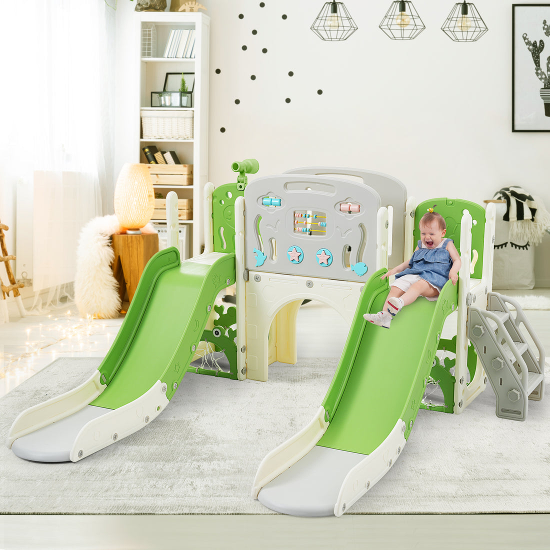 Kids Slide Playset Structure 8 In 1, Freestanding Ocean Themed Set With Slide, Arch Tunnel,Basketball Hoop And Telescope, Double Slides For Toddlers, Kids Climbers Playground Green 50 99 Lbs Cute 1 To 2 Years Hdpe Indoor & Outdoor Use