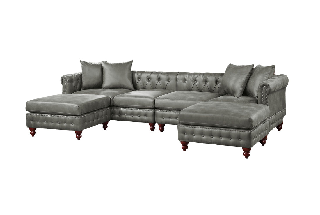 Slate Gray 4Pc Sectional Set 2X Reversible Loveseat Chaise And 2X Ottomans Tufted Couch Pillows Light Slate Grey Faux Leather Wood Primary Living Space Tight Back Contemporary,Luxury,Traditional U