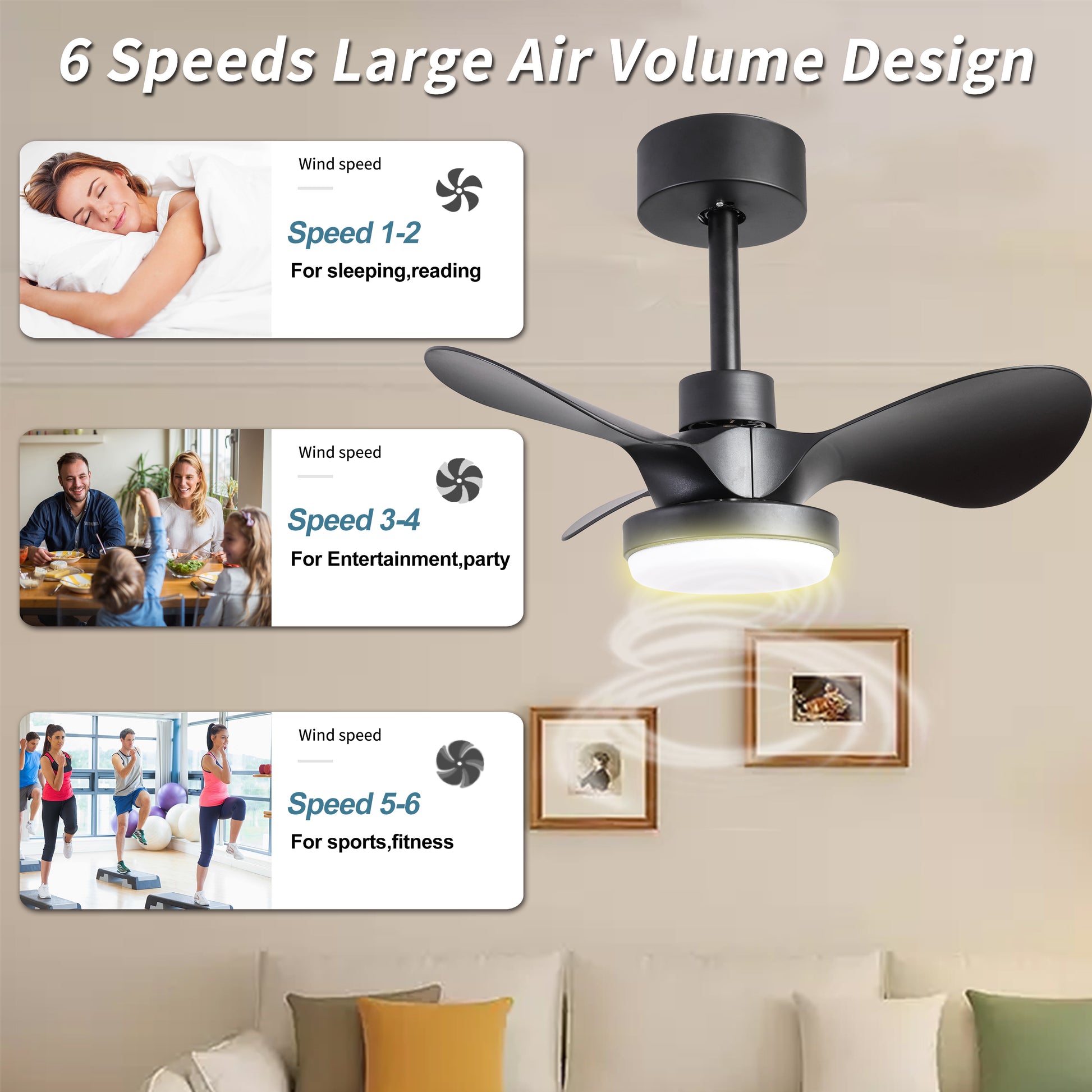 24" Small Ceiling Fan With Light Remote Control ,Modern Low Profile Black Ceiling Fan, 6 Speeds Quiet Reversible Dc Motor For Bedroom,Kitchen Black,Brown Black Classic Abs Steel Q235