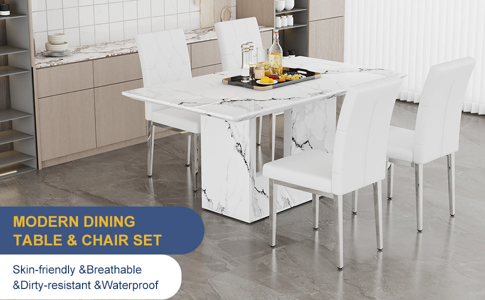 Table And Chair Set.63"X35.4" White Marble Patterned Mdf Dining Table Set With 4 Armless White Pu Chairs.Showcasing A Modern And Stylish Look. White Seats 4 Mdf Metal