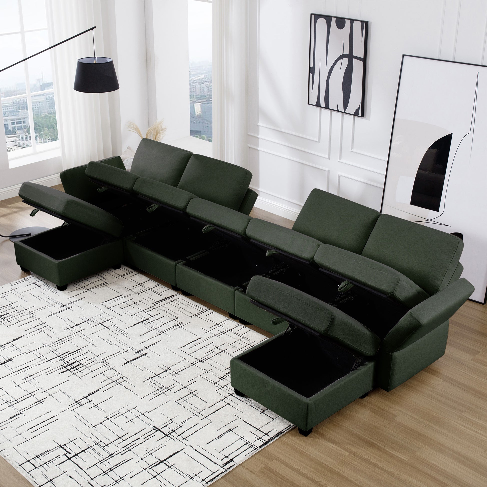 Modular Sectional Sofa U Shaped Sectional Couch With Ottoman, 7 Seat Modular Sofa With Chaise For Living Room, Adjustable Arms And Backs Green Green Polyester 4 Seat