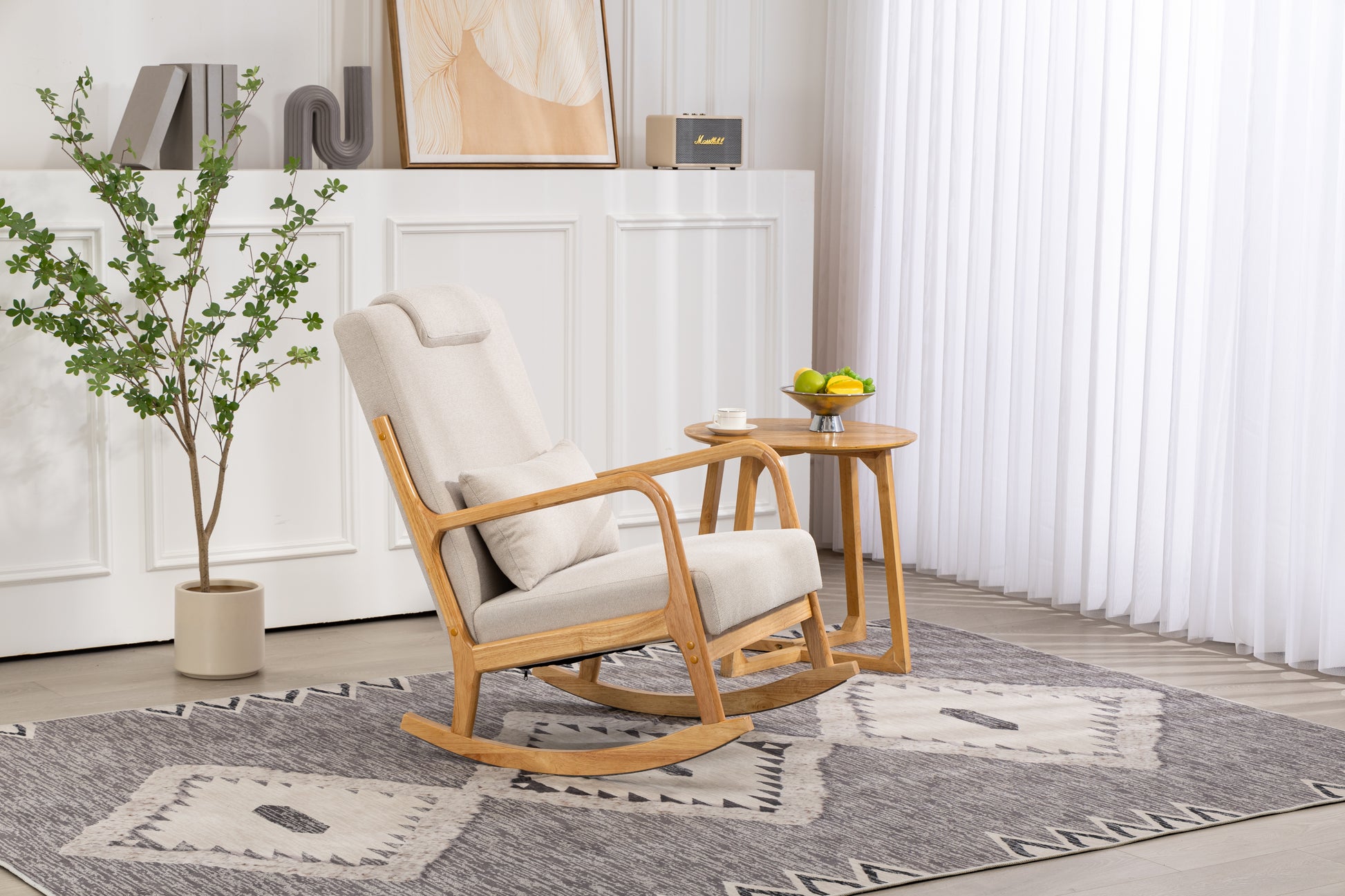 Rocking Chair Upholstered Fabric Rocking Armchair Indoor With High Backrest Glider Chairs And Lumbar Pillow For Living Room Beige Linen