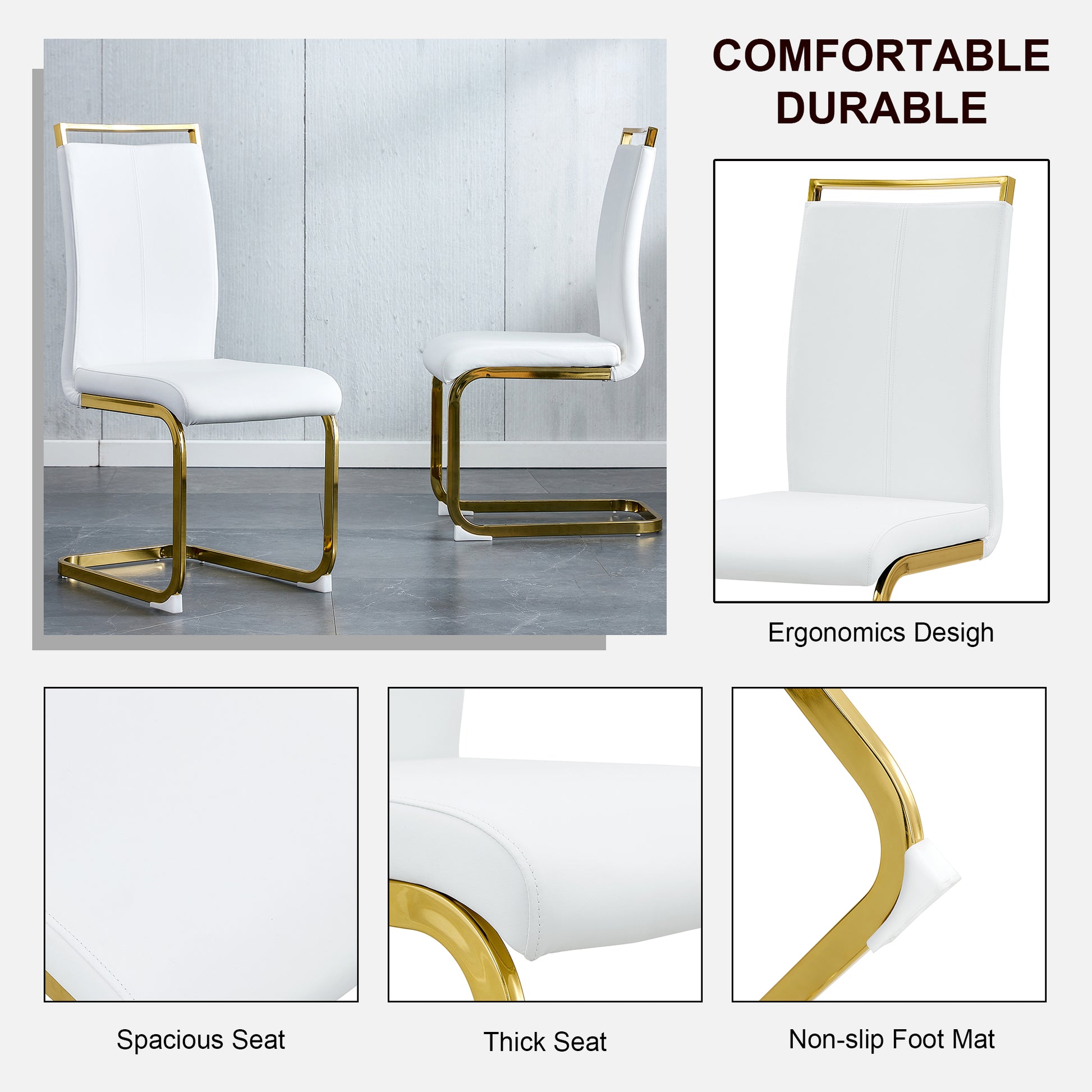 Table And Chair Set, The Table Is Equipped With A Marble Patterned Mdf Tabletop And Gold Table Legs.The Chair Is Equipped With Pu Synthetic Leather High Back Cushion And Gold Coated Metal Legs. Gold White Seats 4 Mdf Metal