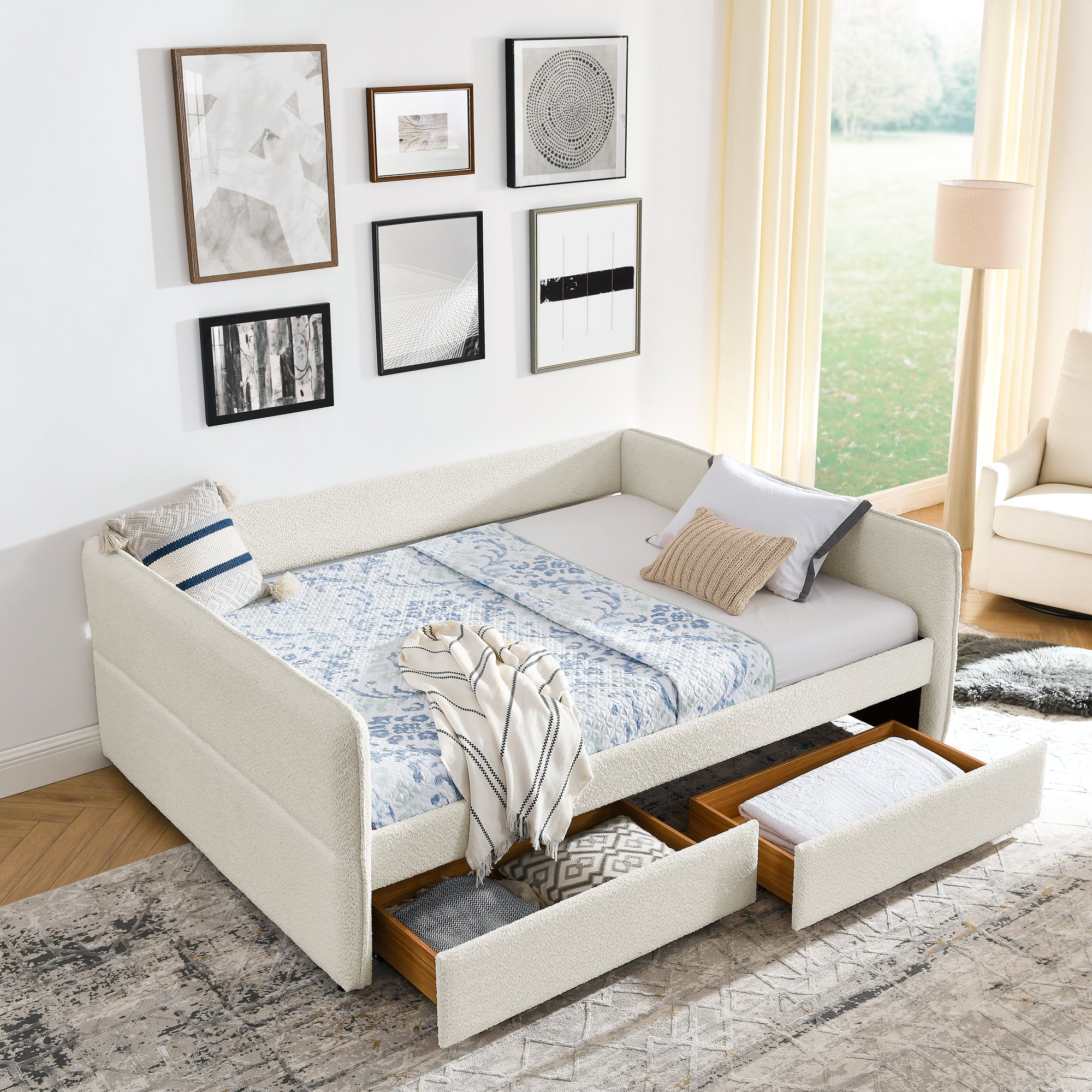 Daybed With Trundle Upholstered Tufted Sofa Bed, With Two Drawers, Queen Size, Boucle Fabric, Beige 88"X65.5"X29.5" Beige Boucle