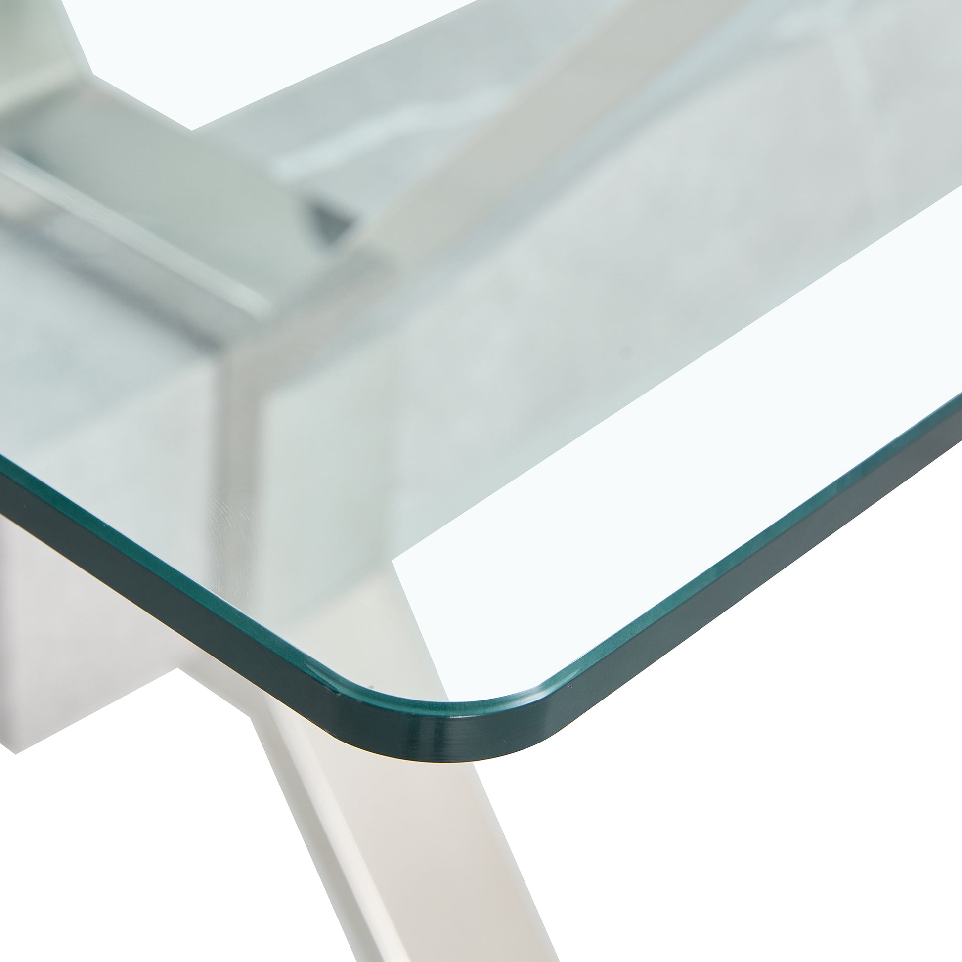 Dining Table. Modern Tempered Glass Dining Table. Large Modern Office Desk With Silver Plated Metal Legs And Mdf Crossbars, Suitable For Both Home And Office Use. Kitchen. 71 ''X35.4''X30 '' 1105 Transparent Glass