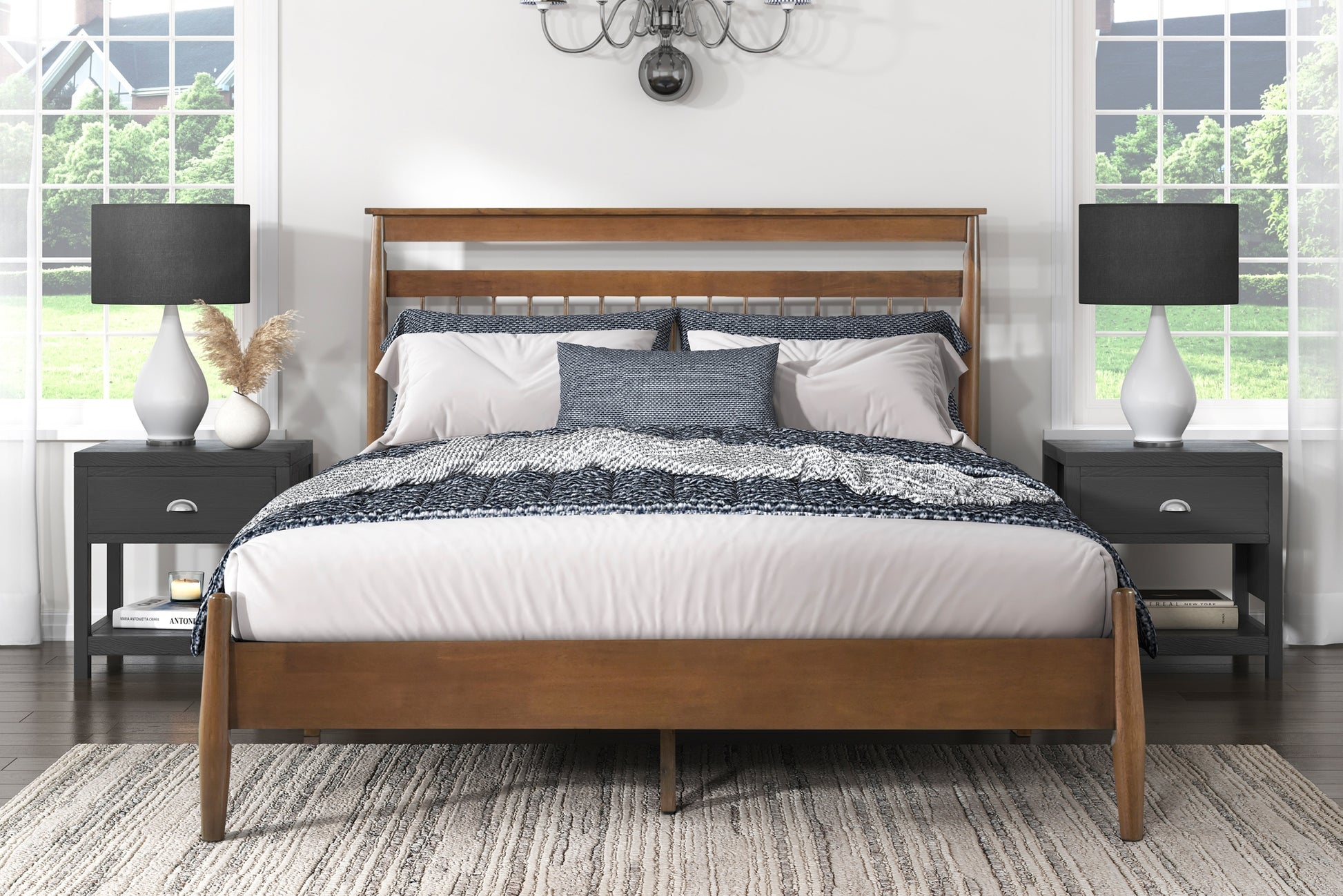Transitional Design California King Platform Bed Chestnut Finish Wood Frame Bedroom Furniture 1Pc Bed In A Box Box Spring Not Required California King Chestnut Wood Bedroom Wood