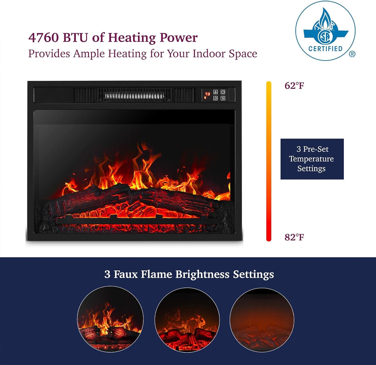 23" Electric Fireplace, 3Dinfrared Black Fireplace Electric Insert Heater, With Ir Remote Control, Glass View, Adjustable Realistic Logs & Flames, Indoor, 1400W Black Iron