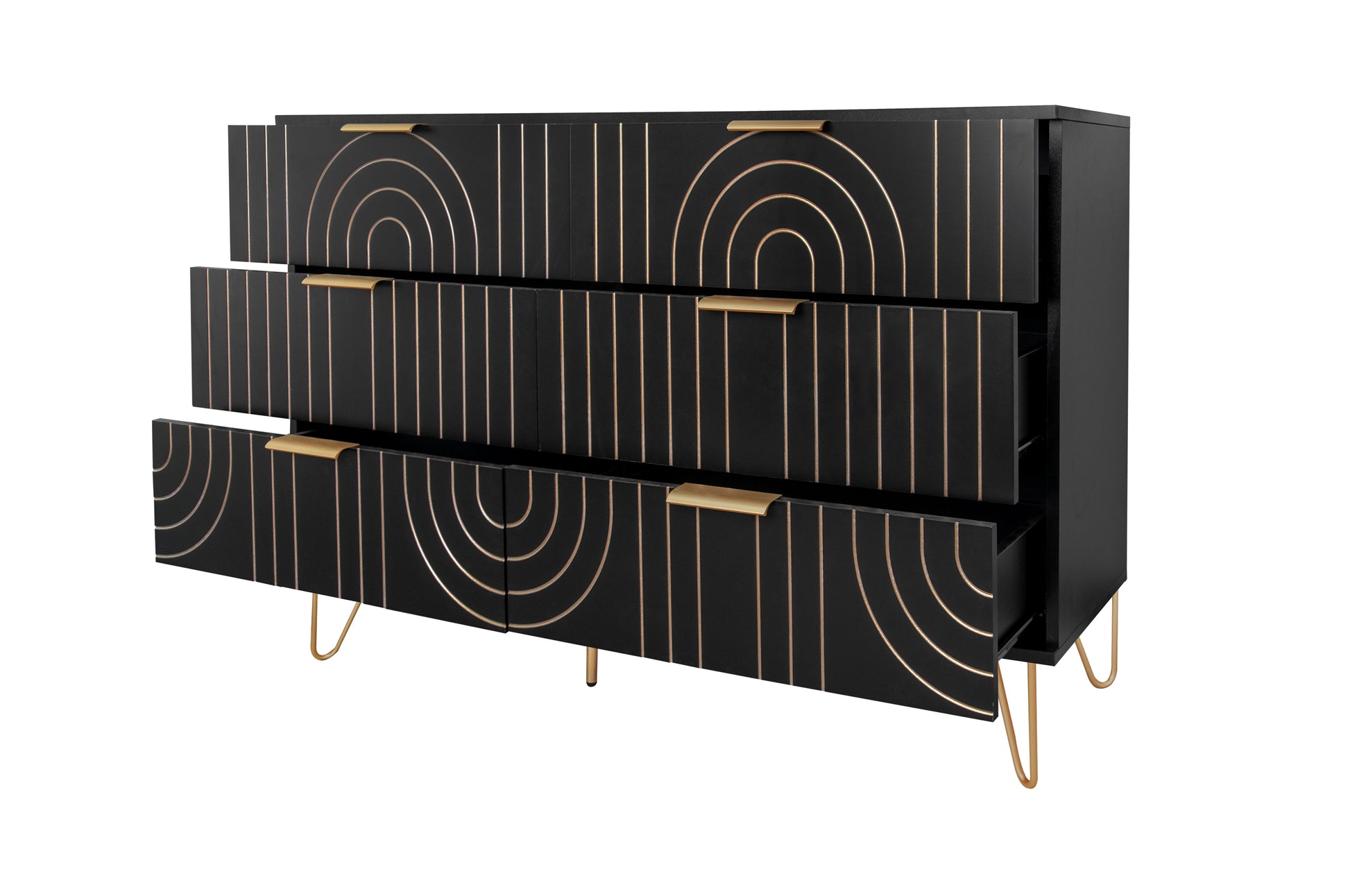 Modern 6 Drawer Dresser, Modern Dresser With Metal Handles, Storage Chest Of Drawer, Wide Dresser Drawer Organizers With Carving Design For Bedroom, Living Room, Hallway 5 Or More Drawers Black Modern Particle Board Mdf