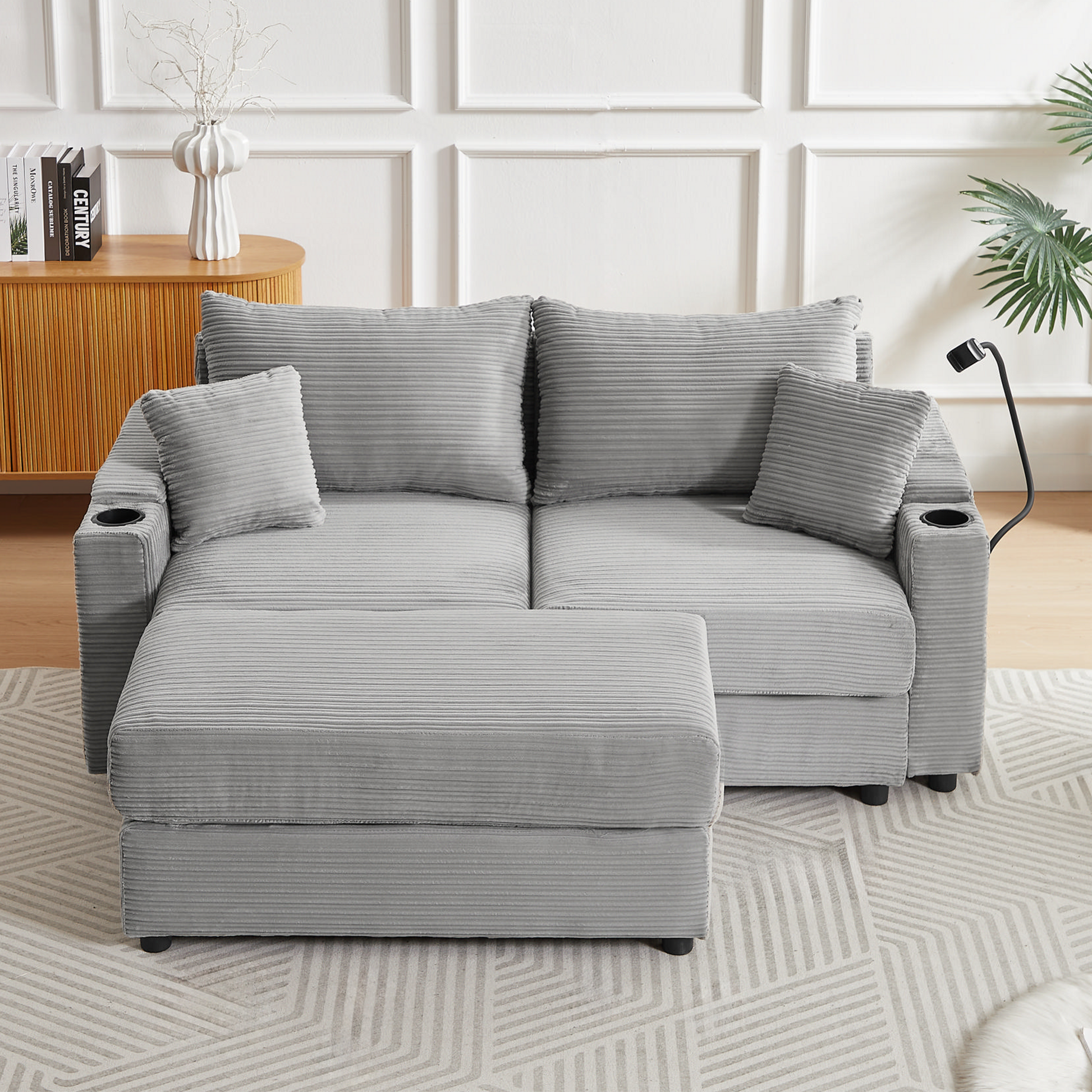 72.8" Modern Style Loveseat Sofa Sectional Sofa Couch With Storage Space, A Movable Ottoman, Two Usb Ports, Two Cup Holders, A Phone Holder For Living Room, Gray Gray Foam Corduroy 3 Seat