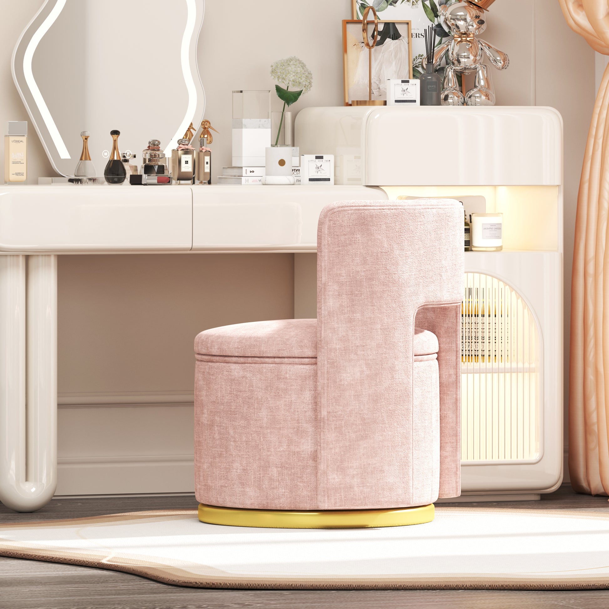 360 Round Swivel Chair With Storage Under Seat, Comfy Chair For Living Room Bedroom Reading Room Pink Pink Primary Living Space Modern Eucalyptus Foam Chenille