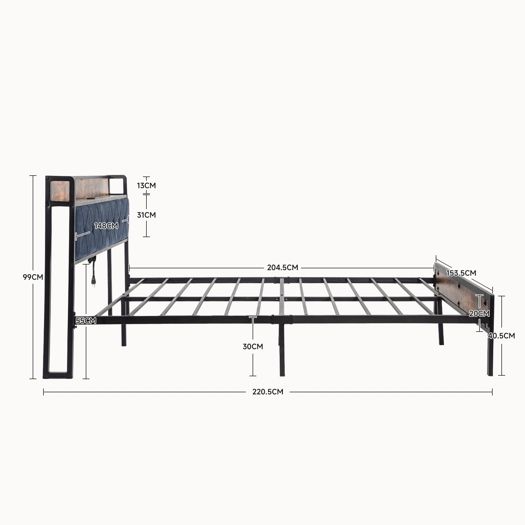 Black Queen Metal Bed Frame With Upholstered Headboard And Footboard And Iron Slats, Rustic Bed Base, Heavy Duty Platform Bed Frame,12 Inch Underbed Storage No Springs Required Box Spring Required Queen Black Dark Walnut Metal Brown Bedroom