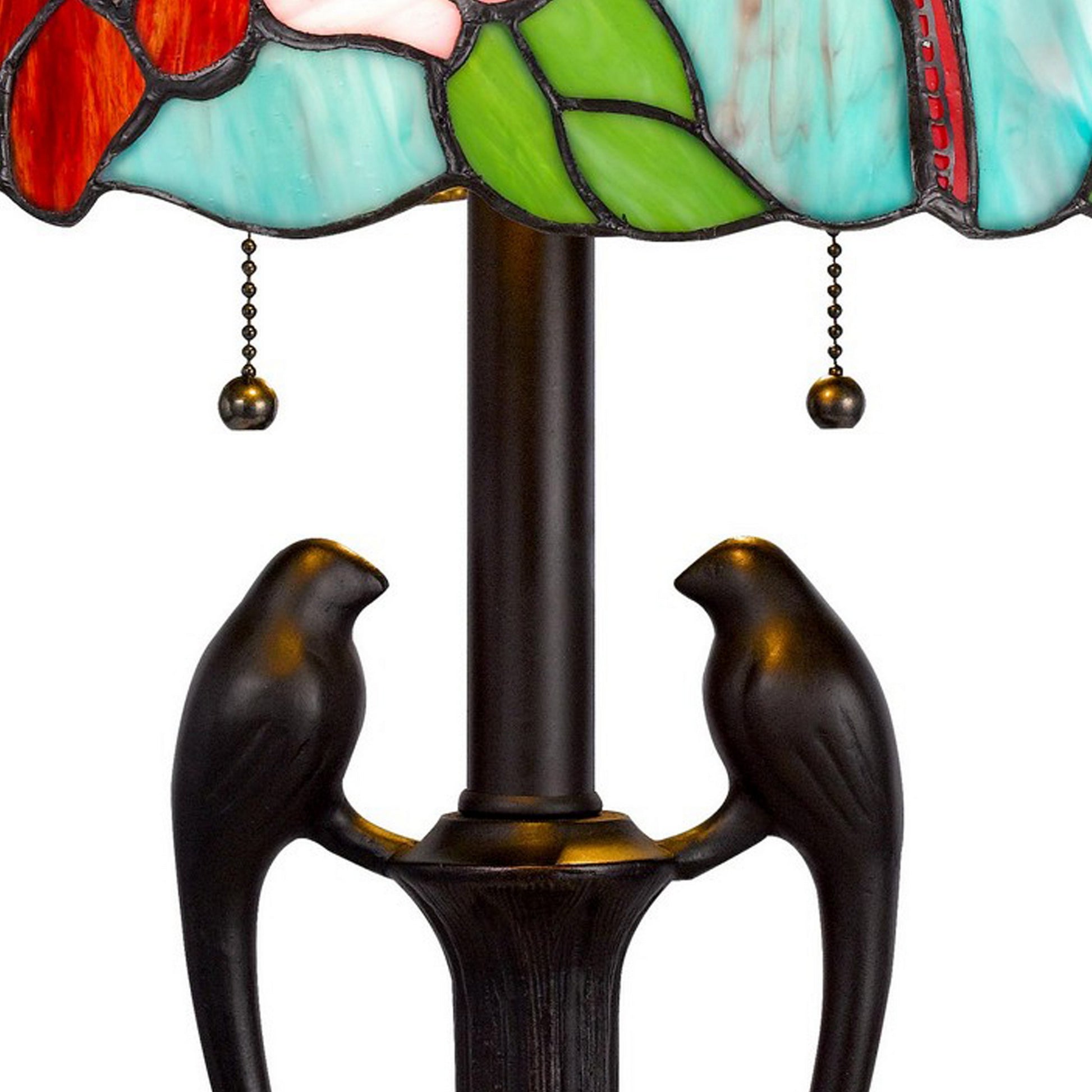 22 Inch Classic Table Lamp, Bird Art Stained Glass Shade, Antique Bronze Brown Resin