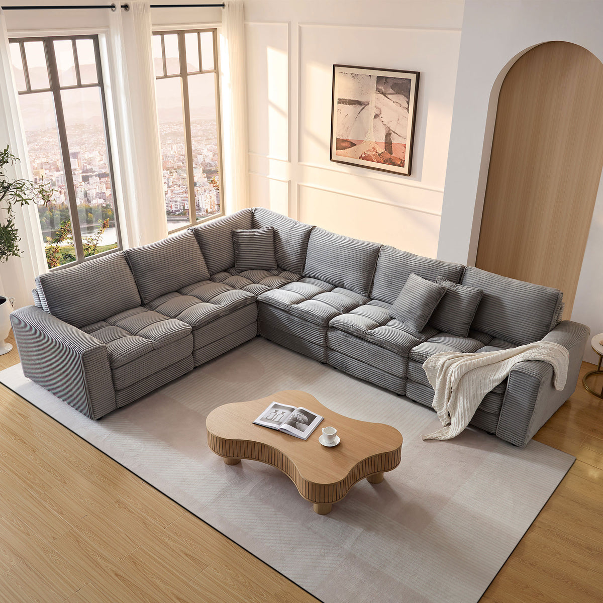 6 Seats,Oversized Sectional Sofa,L Shaped Corner Couch With Detachable Seat & Back Cushion, Corduroy Upholstery Convertible Sleeper Sofa&Couch For