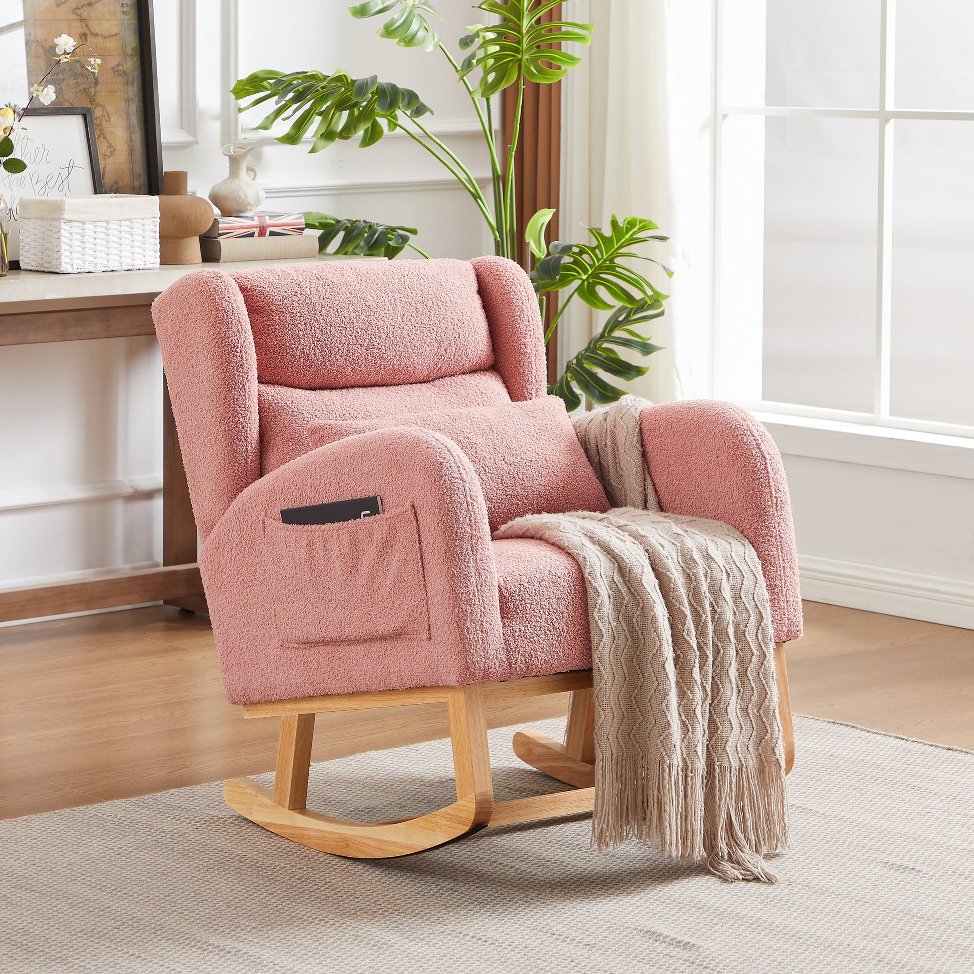 27.2"W Modern Accent High Backrest Living Room Lounge Arm Rocking Chair, Two Side Pocket Pink Foam Fabric