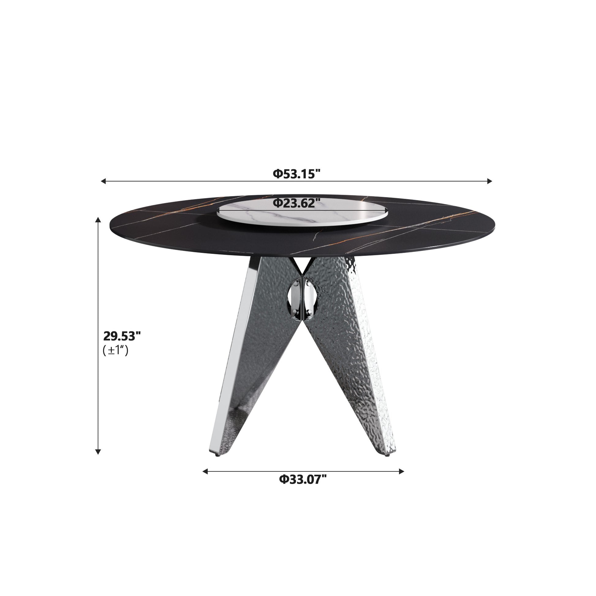 53" Round Marble Dining Table With Silver Stainless Steel Design Base, Artificial Marble For 6 People, 23.62"White Artificial Stone Turntable,Black&White Dining Table Only Black,Silver,White Dining