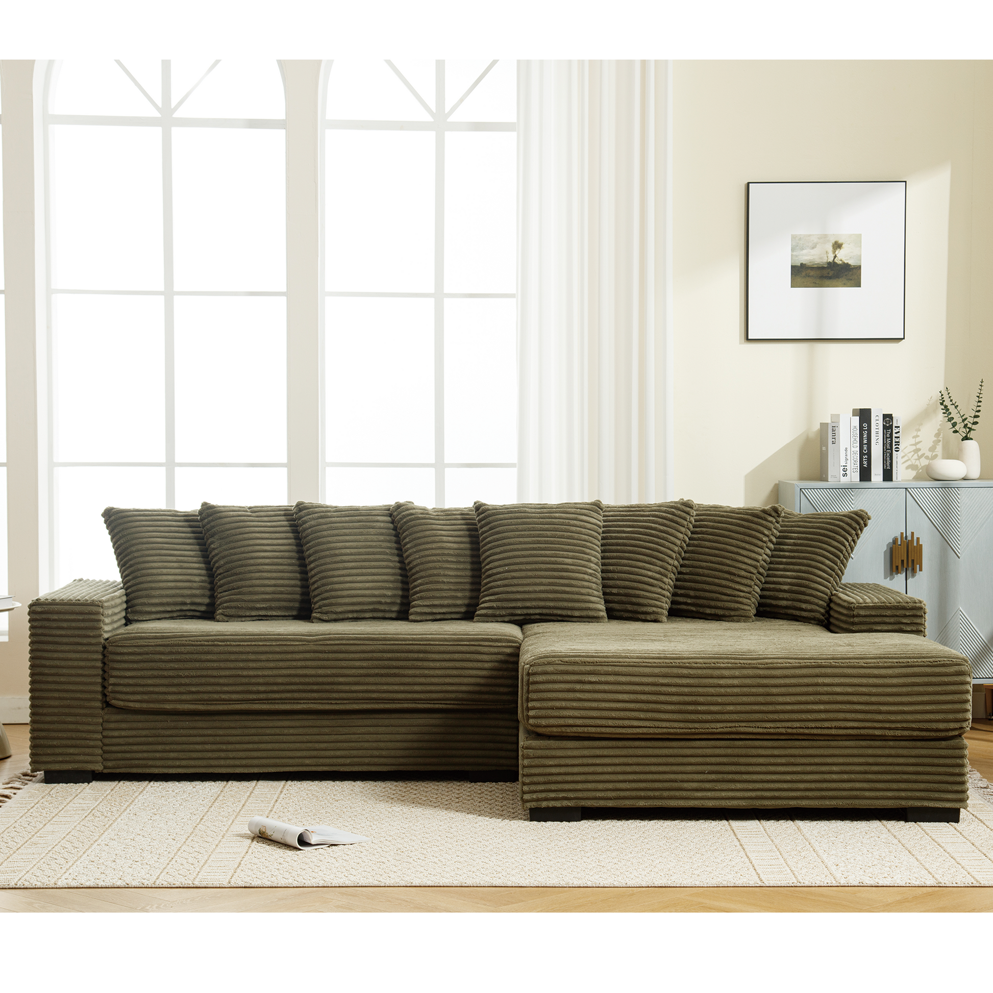 Arrived Oversized Two Piece Couches, L Shaped Sofa, Corduroy, Right Chaise Daybed,With Armrests,Eight Throw Pillows,Corner Sofa,Easy To Assemble, Green Green Polyester Wood Primary Living Space