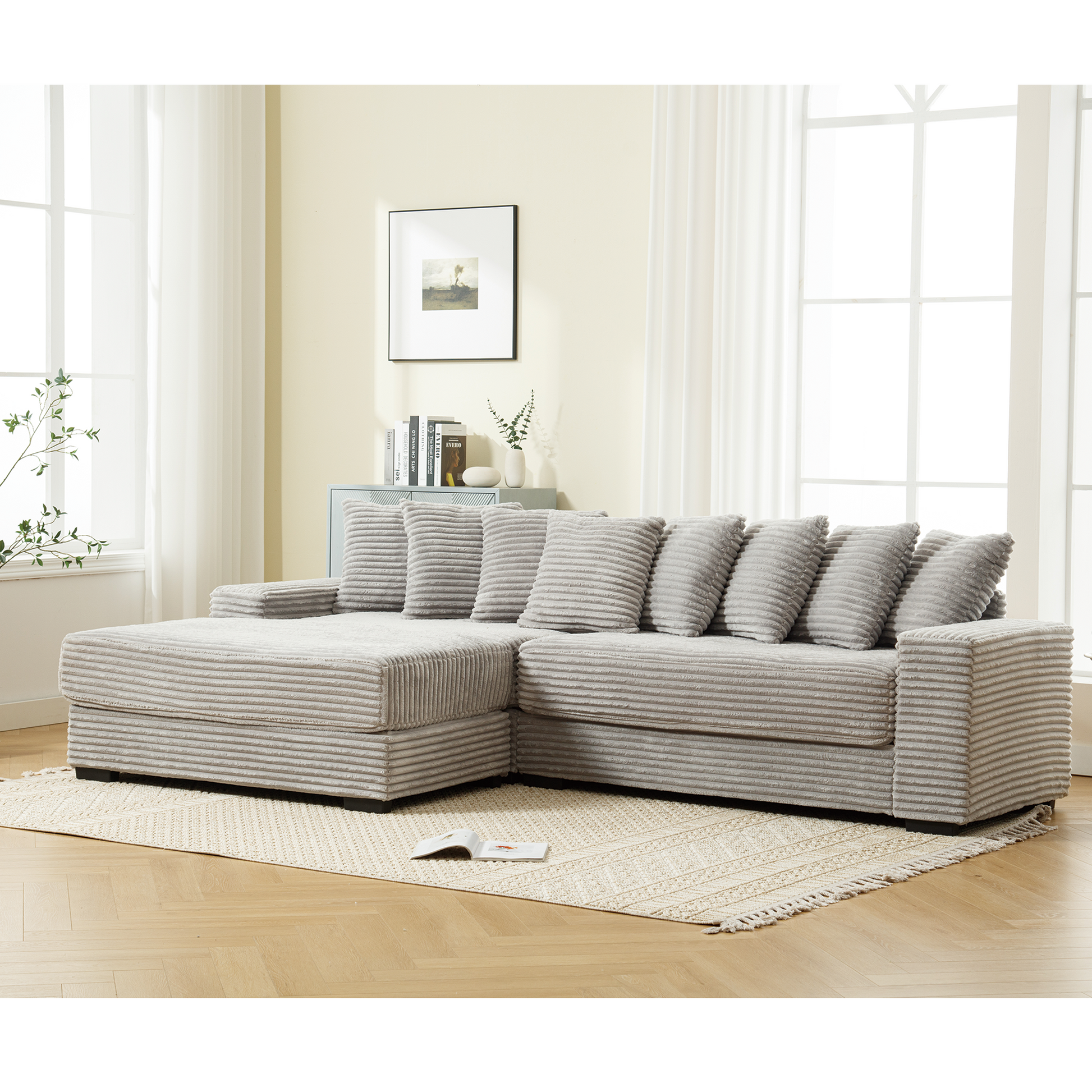 Arrived Oversized Two Piece Couches, L Shaped Sofa, Corduroy, Left Chaise Daybed,With Armrests,Eight Throw Pillows,Corner Sofa,Easy To Assemble, Gray Gray Polyester Wood Primary Living Space Medium Soft Pillow Back Modern Square Arms Wood 3 Seat