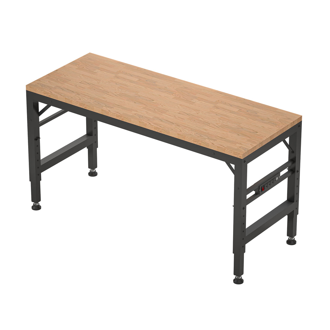 Adjustable Height Workbench, 60" Rubber Wood Top Heavy Duty Workstation With Power Outlets, 2000 Lbs Load Capacity Hardwood Worktable For Workshop, Garage, Office, Home, Commercial Black Metal & Wood