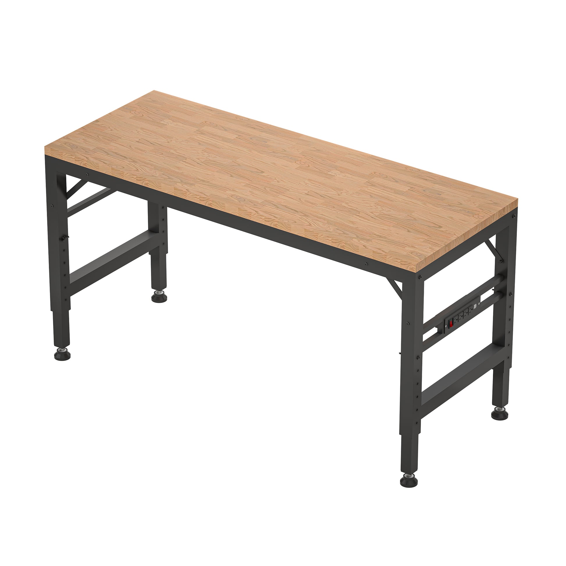 Adjustable Height Workbench, 60" Rubber Wood Top Heavy Duty Workstation With Power Outlets, 2000 Lbs Load Capacity Hardwood Worktable For Workshop, Garage, Office, Home, Commercial Black Metal & Wood