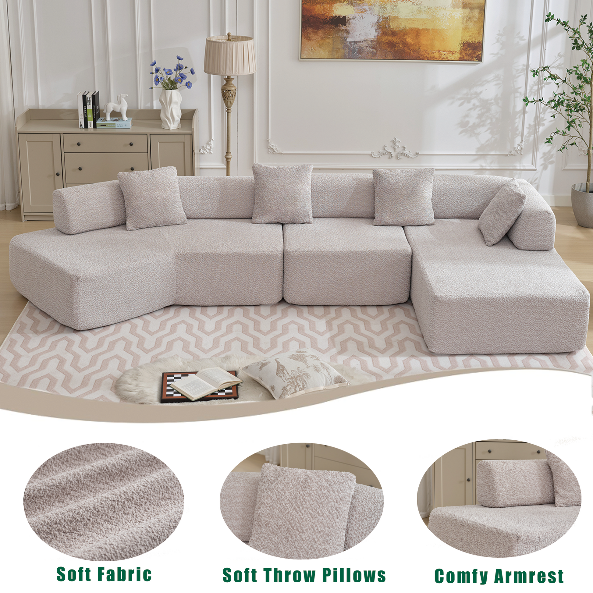 Arrived Modern Minimalist 140" L Shape Couch ,No Assembly Required,Boucle,Modular Sofa ,Couch With Chaise,Free Combination Foam Filled Sofa, 4 Seats, Gray Gray Polyester Primary Living Space Soft Modern Foam Polyester 4 Seat