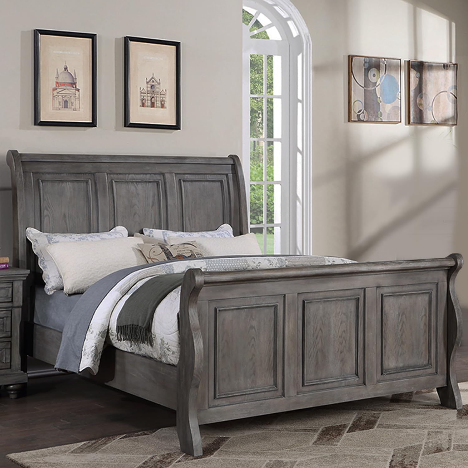Grey Sleigh Design Headboard Fb 1Pc Eastern King Size Panel Bed Beautiful Wooden Bedroom Furniture Antique Gray Oak Finish Box Spring Required King Antique Gray,Gray Wood Bedroom