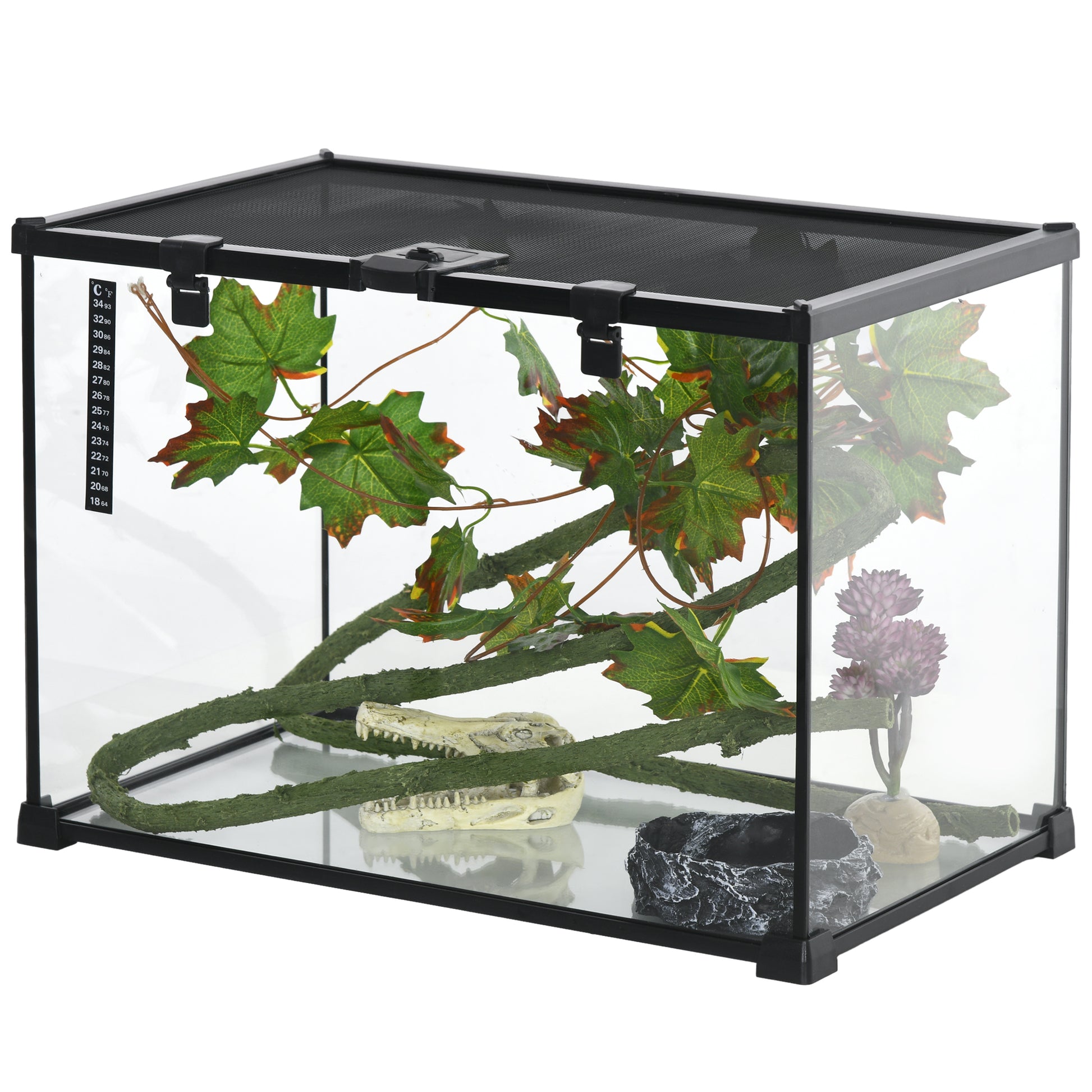 Pawhut 14 Gallon Reptile Glass Terrarium Tank With Decor Kit, Breeding Box Full View With Visually Appealing Sliding Screen Top For Lizards, Frogs, Snakes, Spiders, 20" X 12" X 14", Black Black Glass