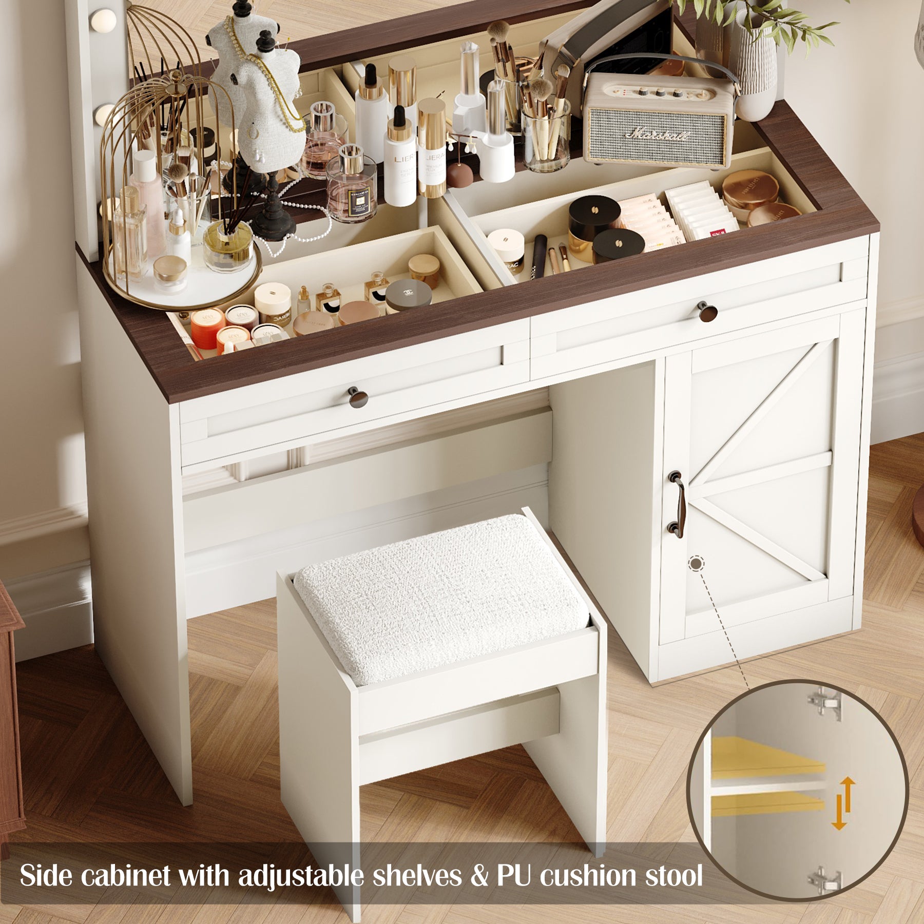 43.4"Makeup Vanity Table, Makeup Table With Large Mirror And 11 Led Lightbrightness Adjustable, Dressing Table Desk With 3 Drawers, Vanity Desk For Women White With Stool White Particle Board