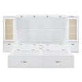 Queen Size Murphy Bed Wall Bed With Drawer And Rattan Decoration With 2 Storage Cabinets, One Set Of Sockets & Usb Ports, Pulley Structure Design, White Queen White Plywood
