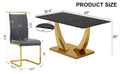 Table And Chair Set.Modern Rectangular Dining Table With Black Textured Stickers Glass Tabletop And Gold Plated Metal Legs.Paried With 4 Comfortable Chairs With Pu Seats And Golden Metal Legs. Dark